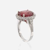 A pink tourmaline, diamond, and white gold ring