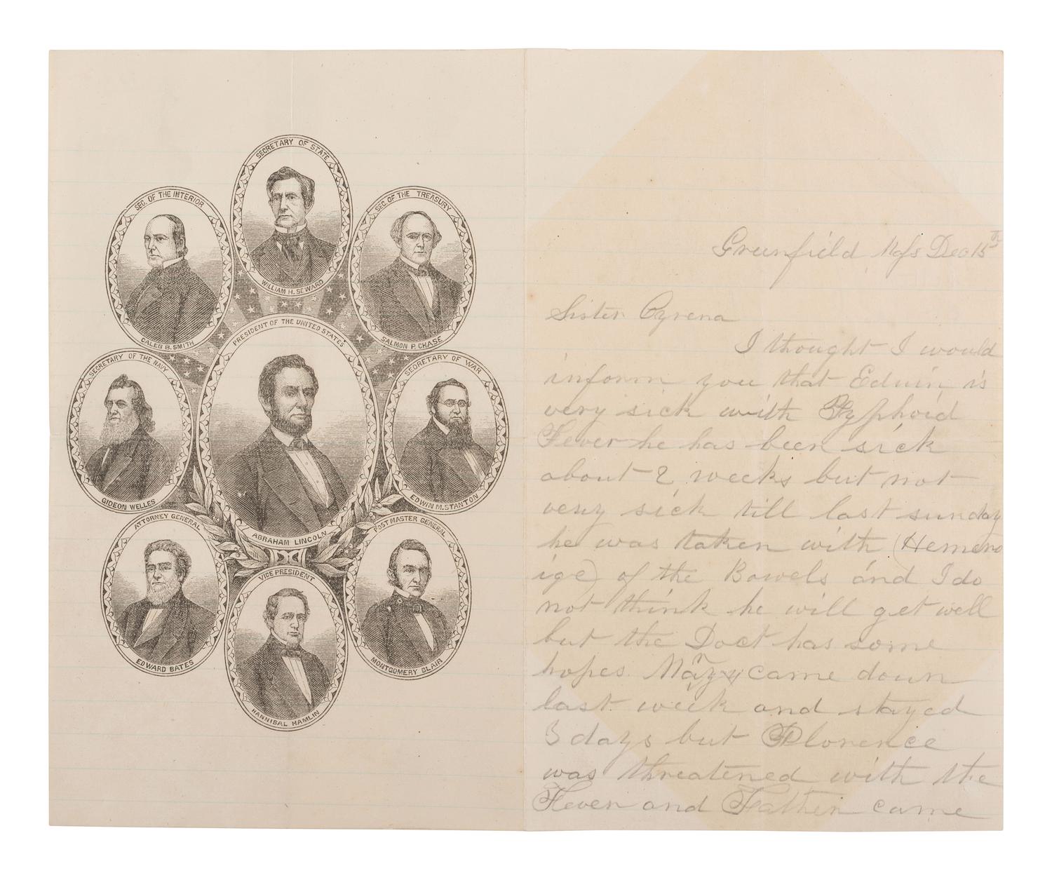 [LINCOLNIANA]. Illustrated lettersheet featuring Lincoln's cabinet, [ca 1863].