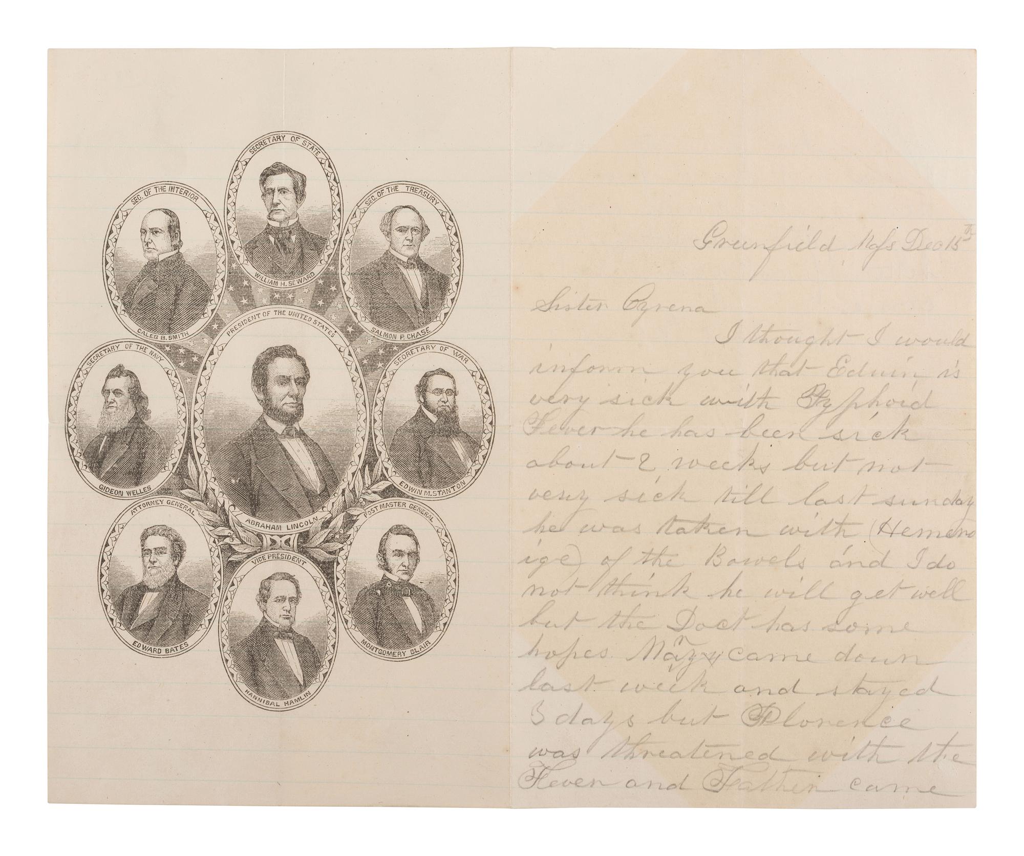 [LINCOLNIANA]. Illustrated lettersheet featuring Lincoln's cabinet, [ca 1863].