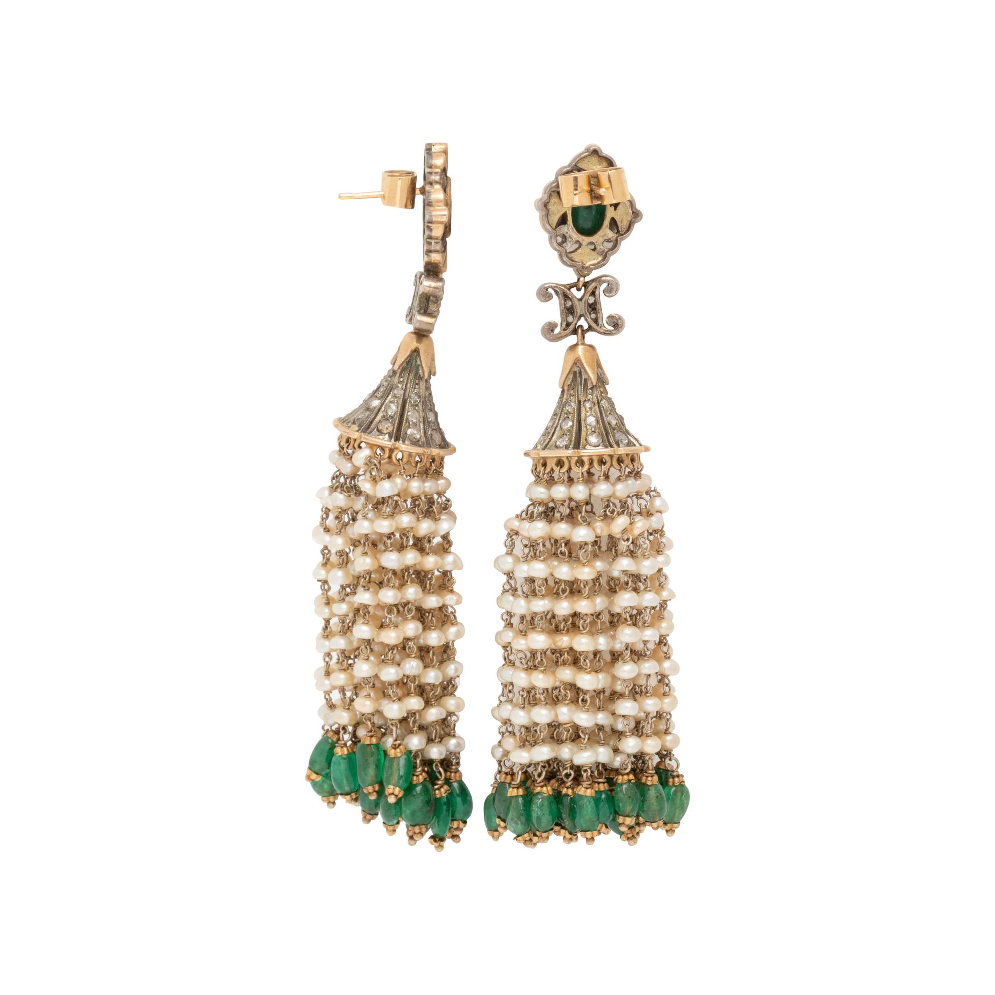 EMERALD, DIAMOND AND SEED PEARL EARRINGS