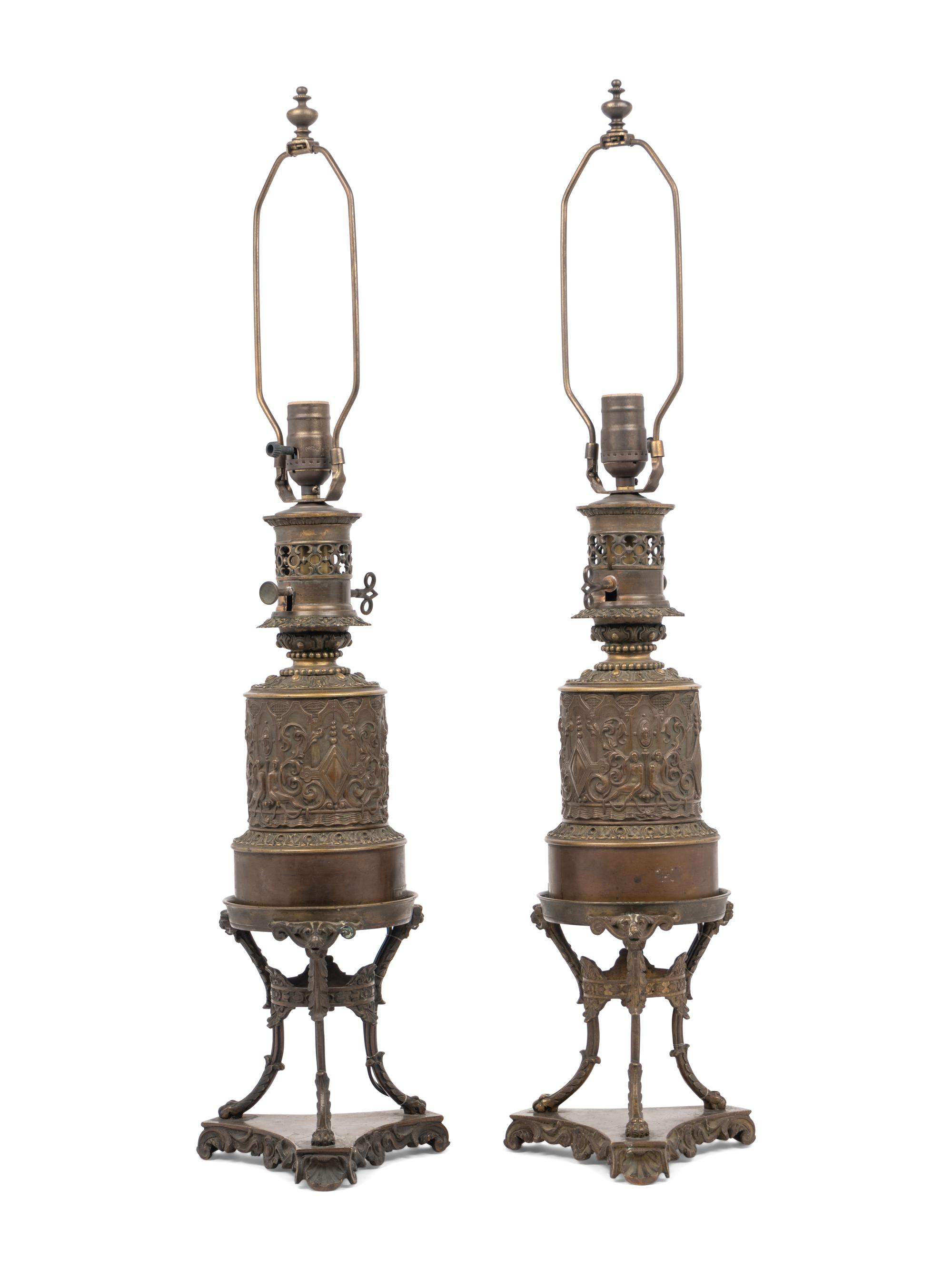 A Pair of French Bronze Fluid Lamps Converted to Electricity