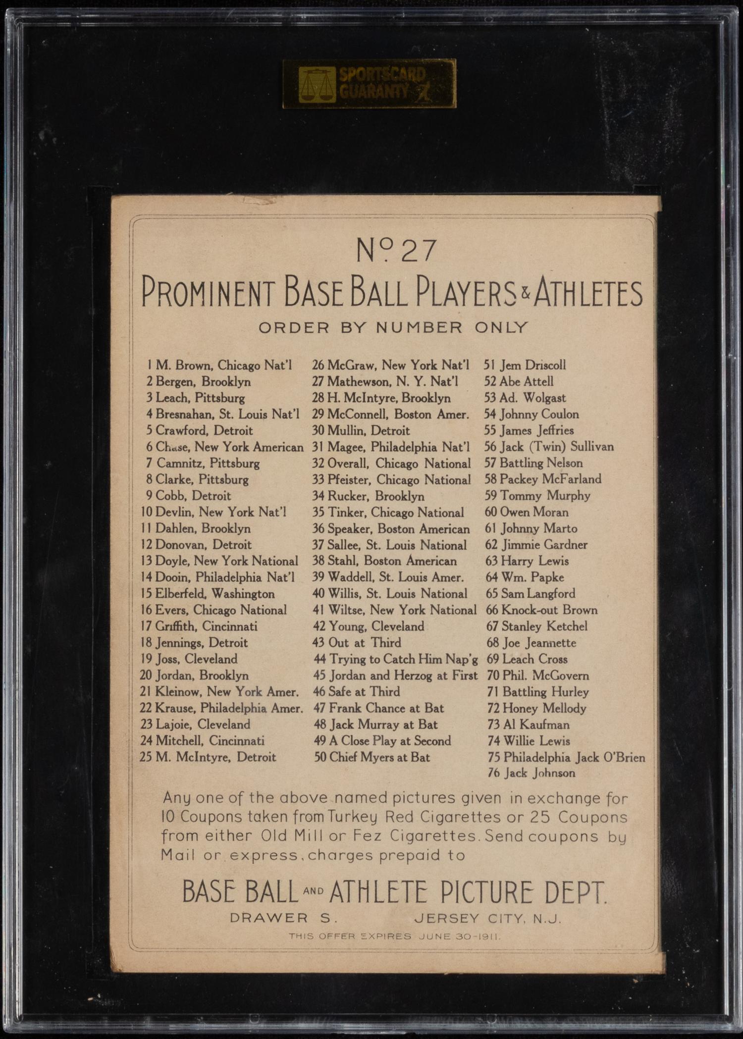 A 1911 T3 Turkey Red Cabinets Christy Mathewson Baseball Card (SGC 3 VG) Checklist Back