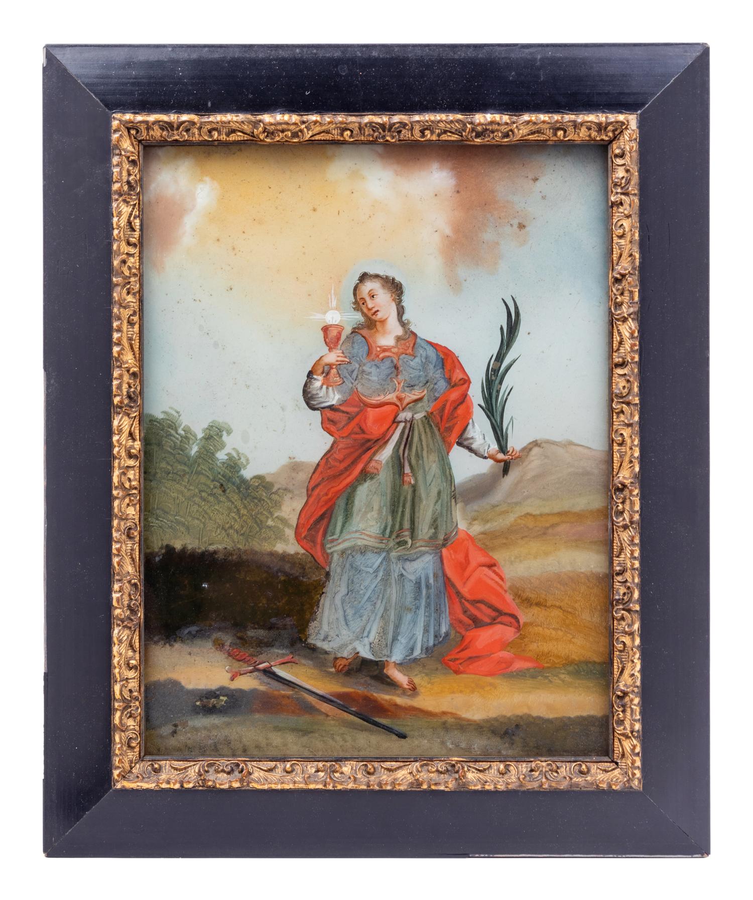 A Continental Reverse Painting on Glass Depicting Saint Catherine