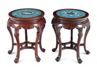 A Matched Pair of Chinese Cloisonné Enamel Inset Hardwood Circular Stands