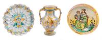 An Italian Majolica Handled Vase and Two Plates Height of vase 10 1/2 inches; diameter of larger plate 11 1/4 inches. — 18TH/19TH CENTURY