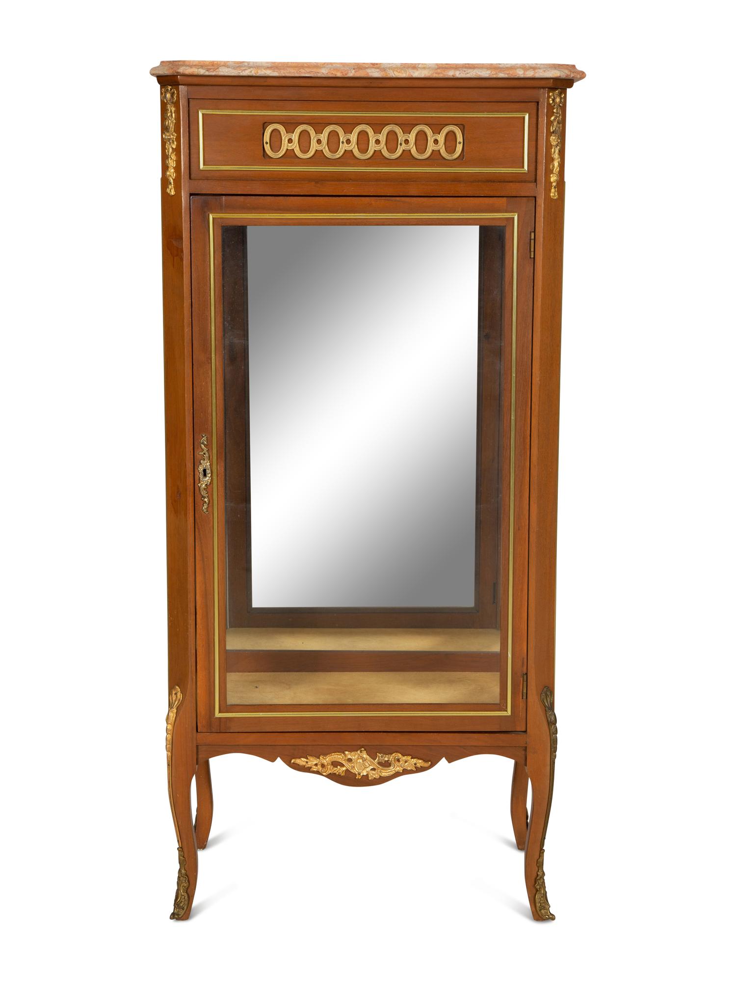 A Louis XV/XVI Transitional Style Gilt-Metal Mounted Mahogany Marble-Top Vitrine Cabinet