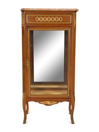A Louis XV/XVI Transitional Style Gilt-Metal Mounted Mahogany Marble-Top Vitrine Cabinet