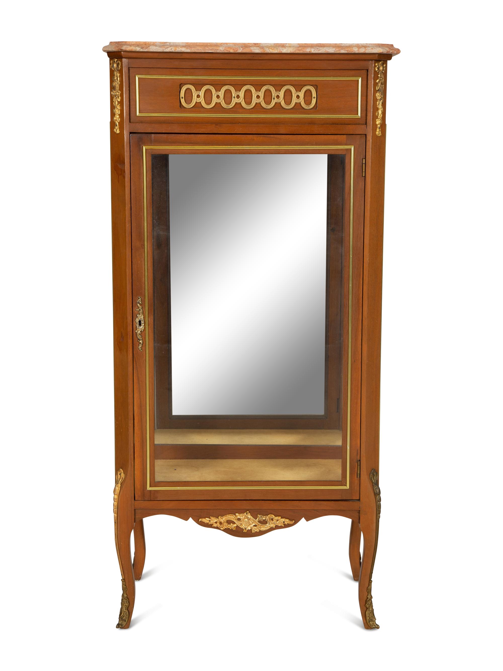 A Louis XV/XVI Transitional Style Gilt-Metal Mounted Mahogany Marble-Top Vitrine Cabinet
