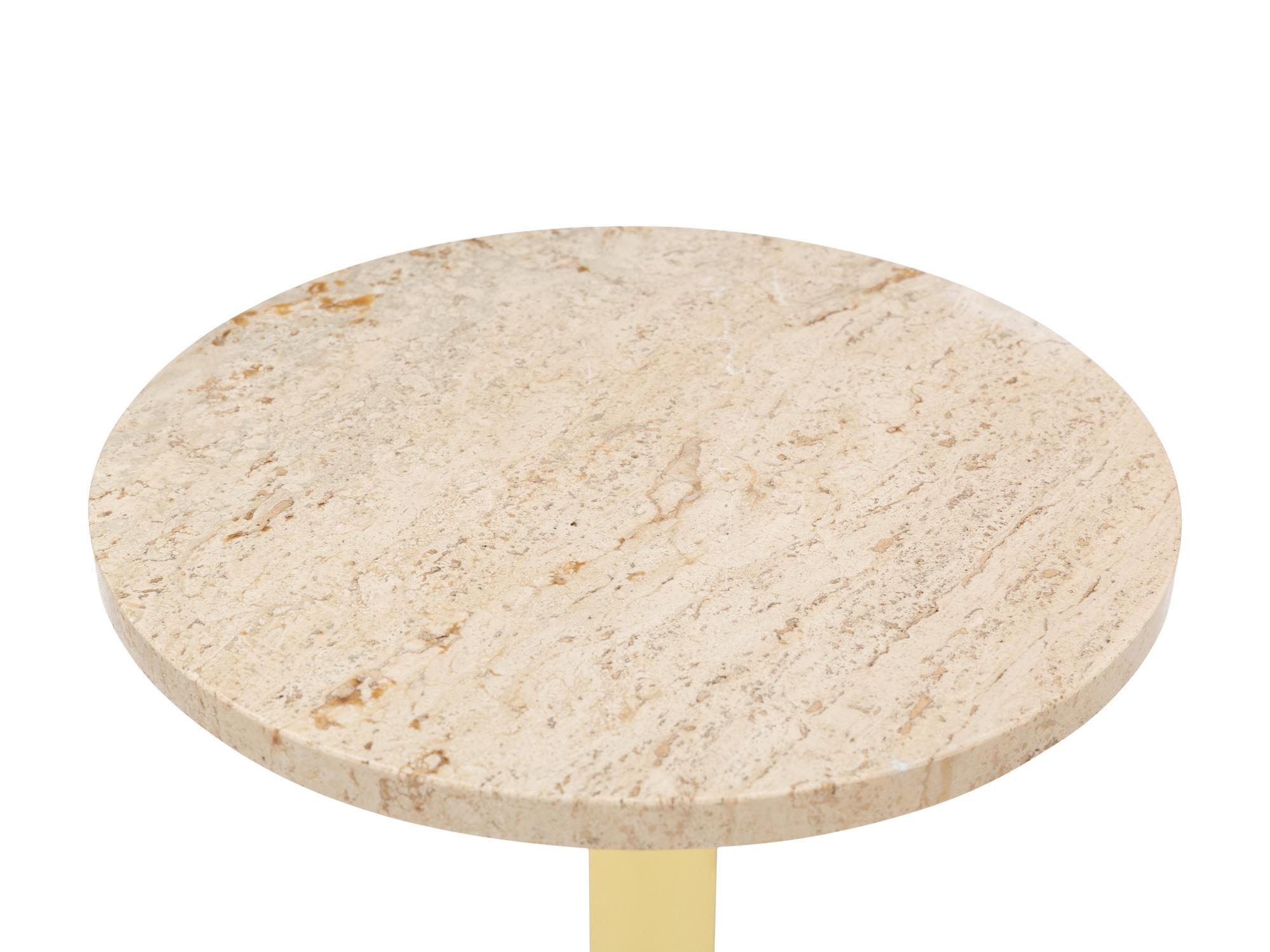 A Pair of Italian Polished Brass and Travertine Side Tables