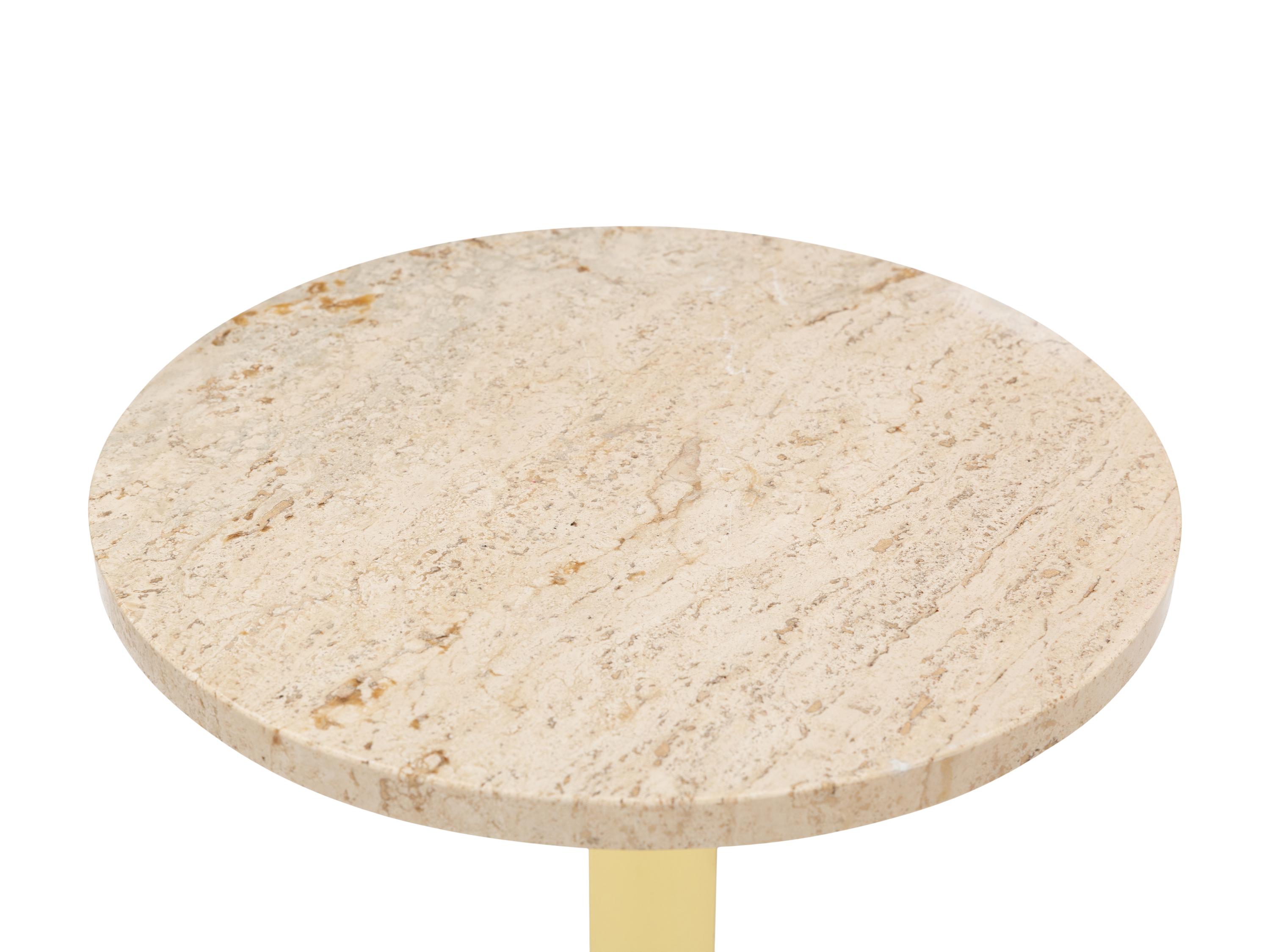 A Pair of Italian Polished Brass and Travertine Side Tables