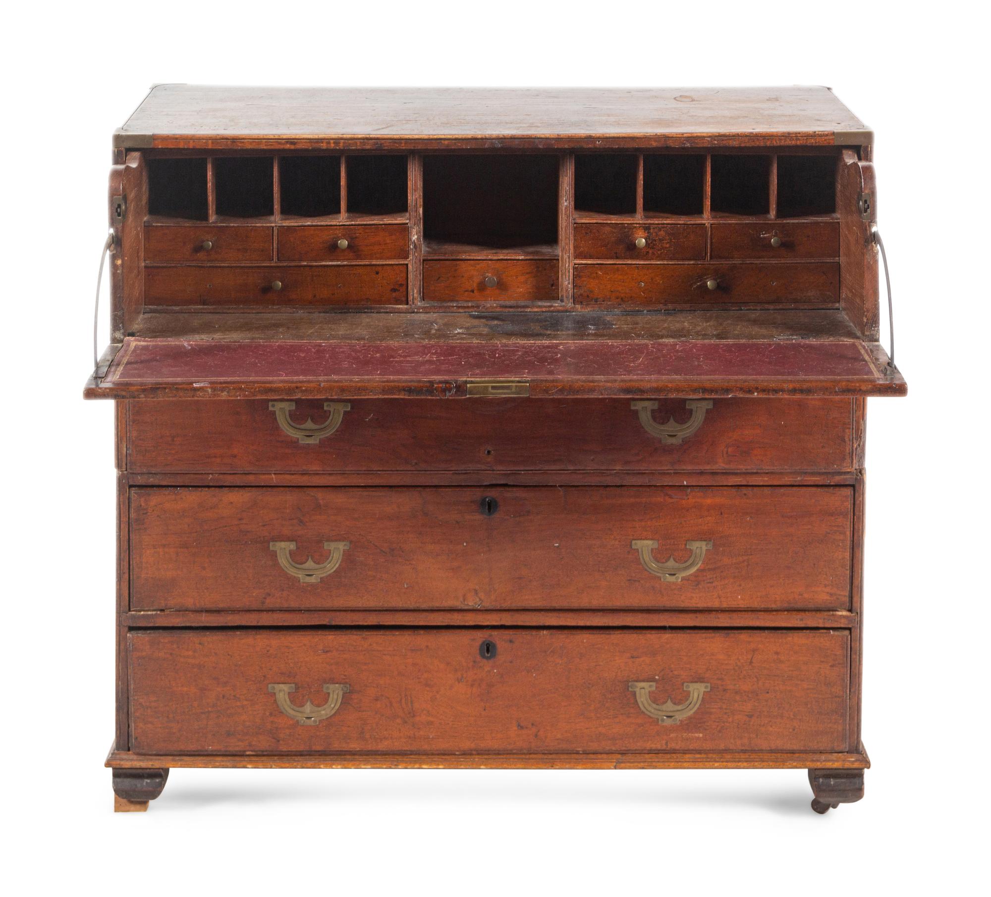 An English Brass Mounted Elm Campaign Desk