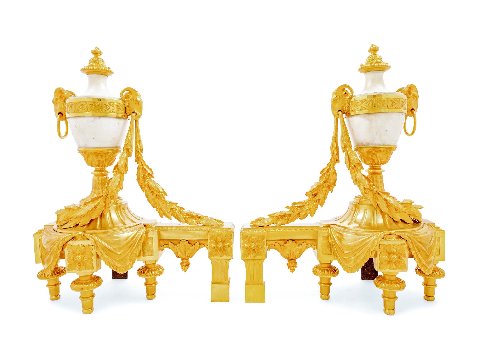 A Pair of French Gilt Bronze and Marble Chenets