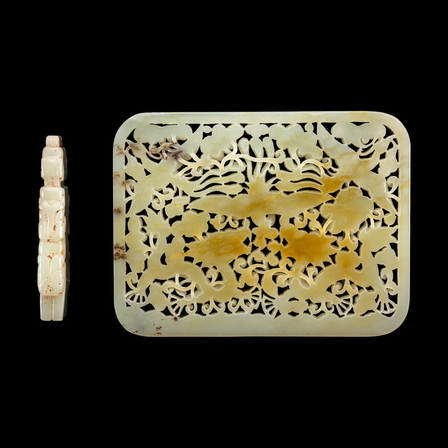 A Chinese Reticulated Jade Plaque and An Archaistic Jade Figure 青玉鏤雕龍鳳紋屏及仿古玉俑