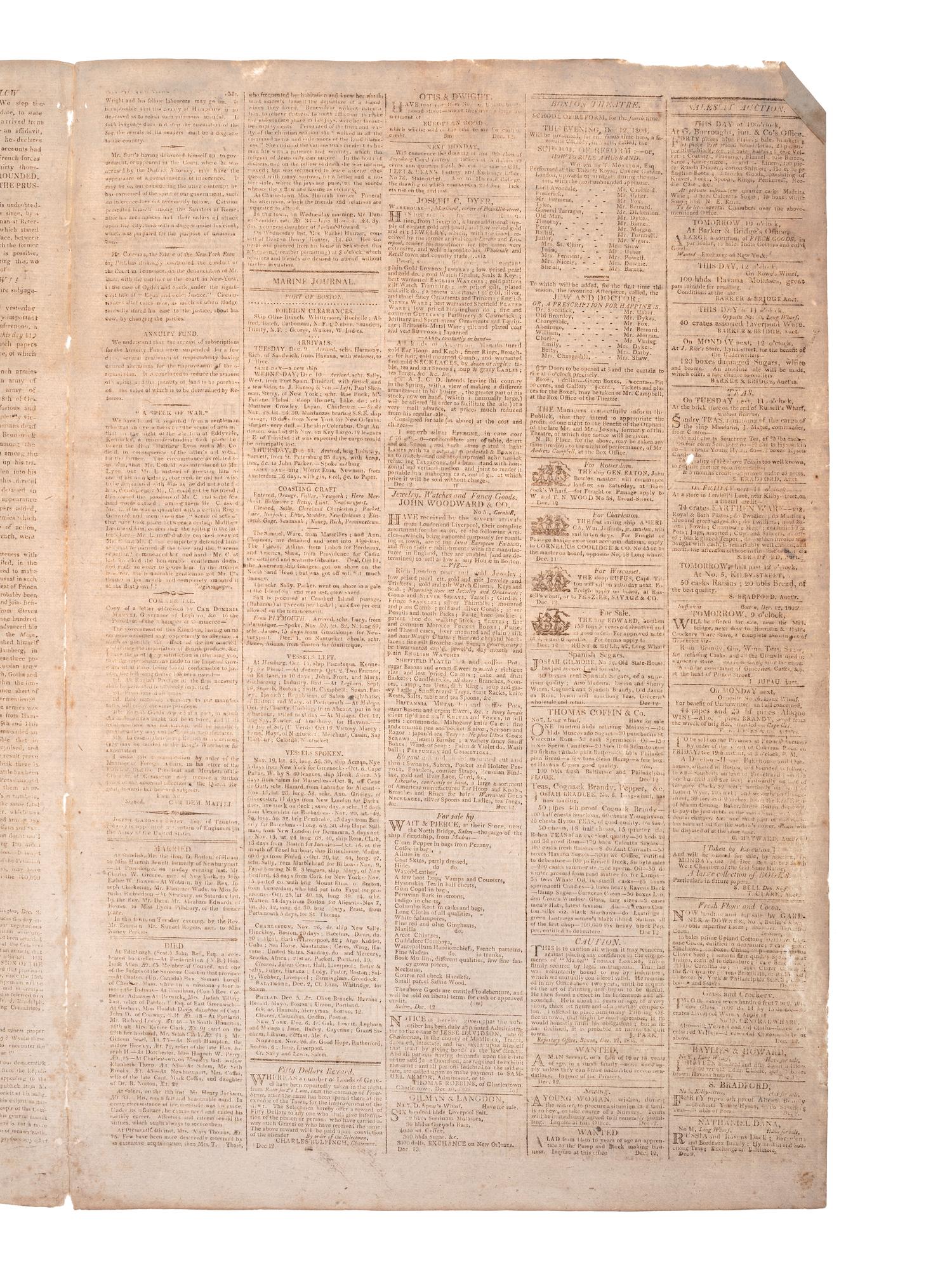 [POLITICS - JEFFERSON, Thomas (1743-1826)]. The Repertory. Boston, 12 December 1806.