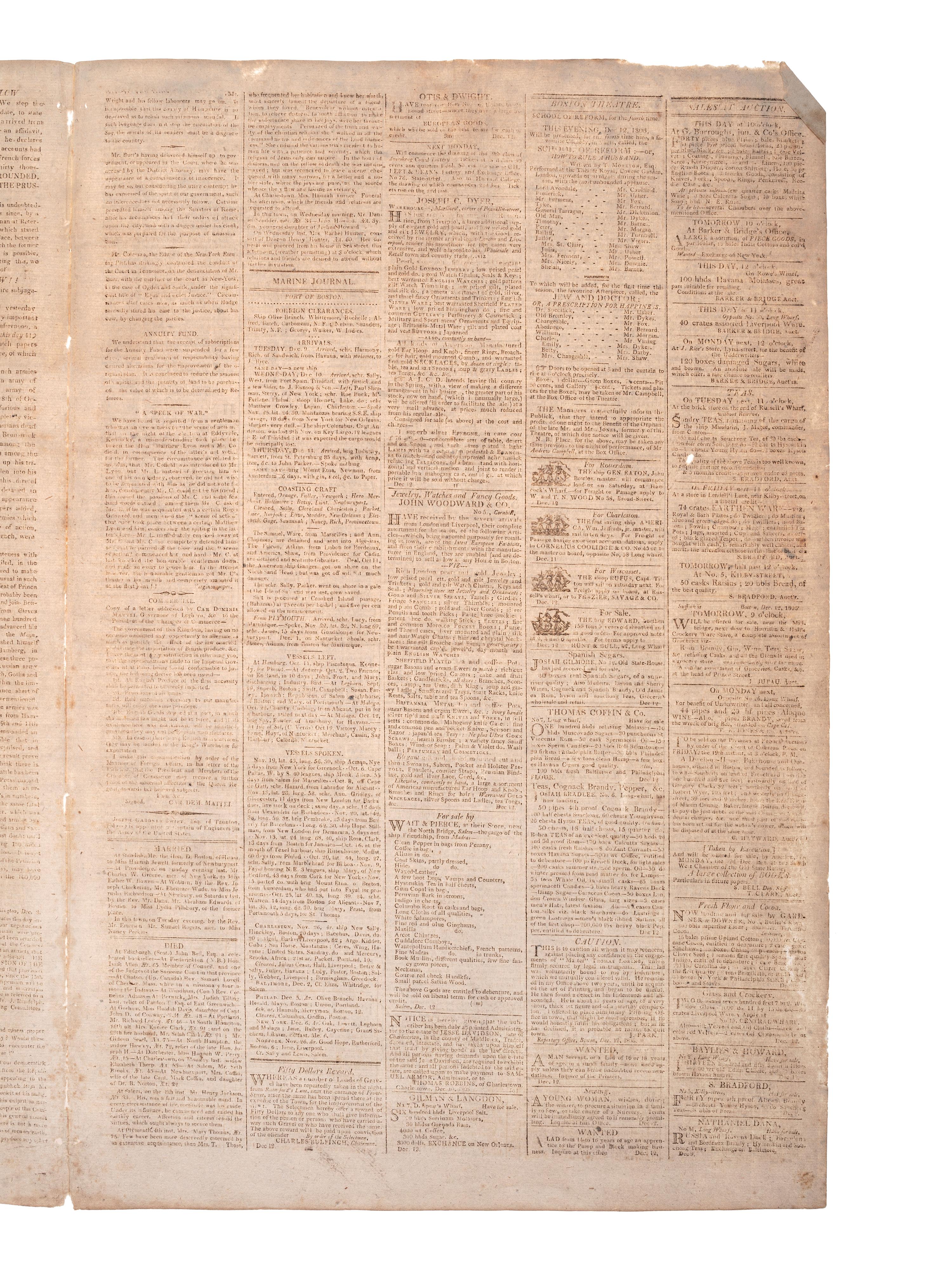 [POLITICS - JEFFERSON, Thomas (1743-1826)]. The Repertory. Boston, 12 December 1806.