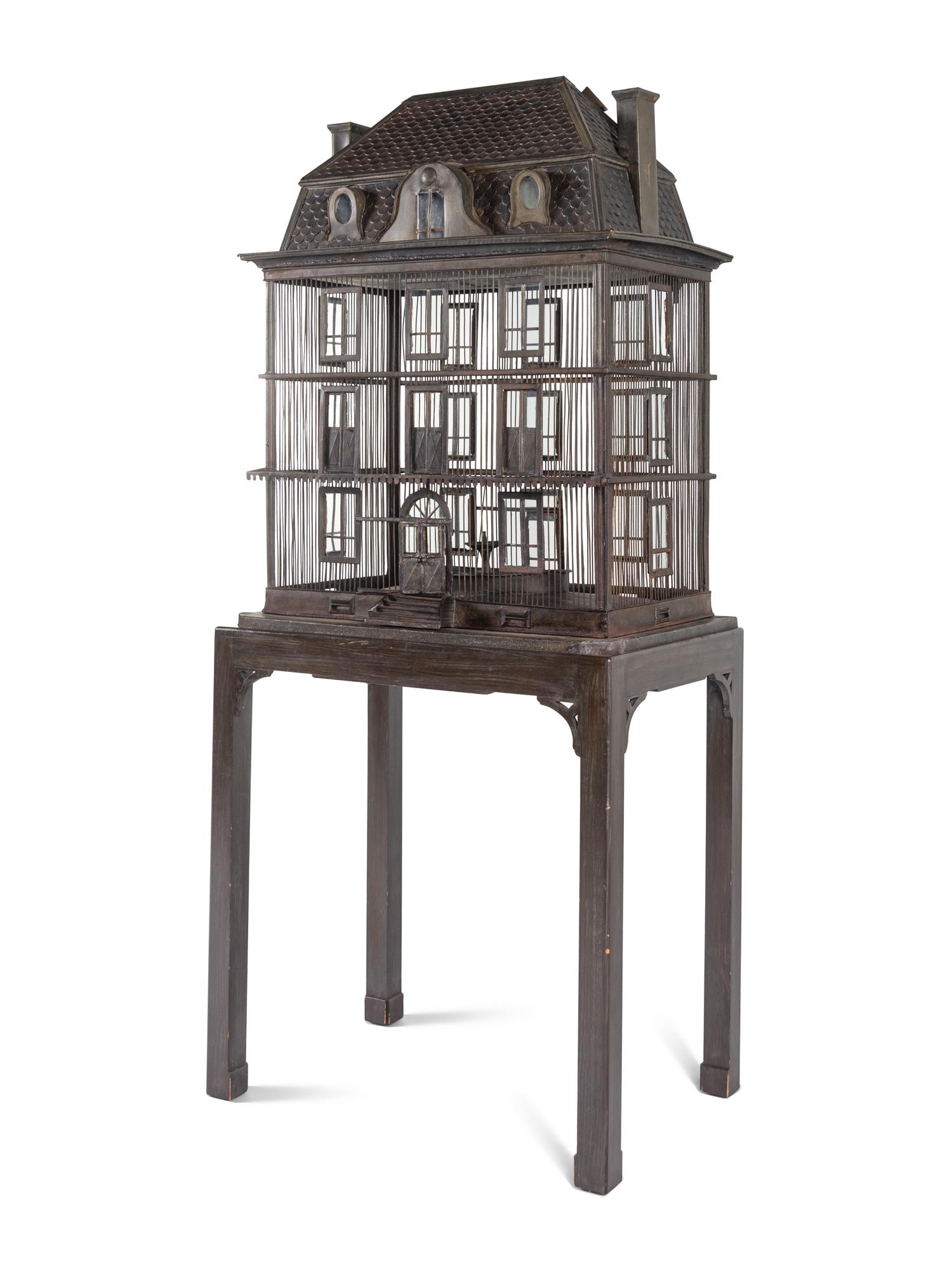 A Large French Grey-Painted Metal Chateau-Form Birdcage