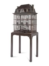 A Large French Grey-Painted Metal Chateau-Form Birdcage