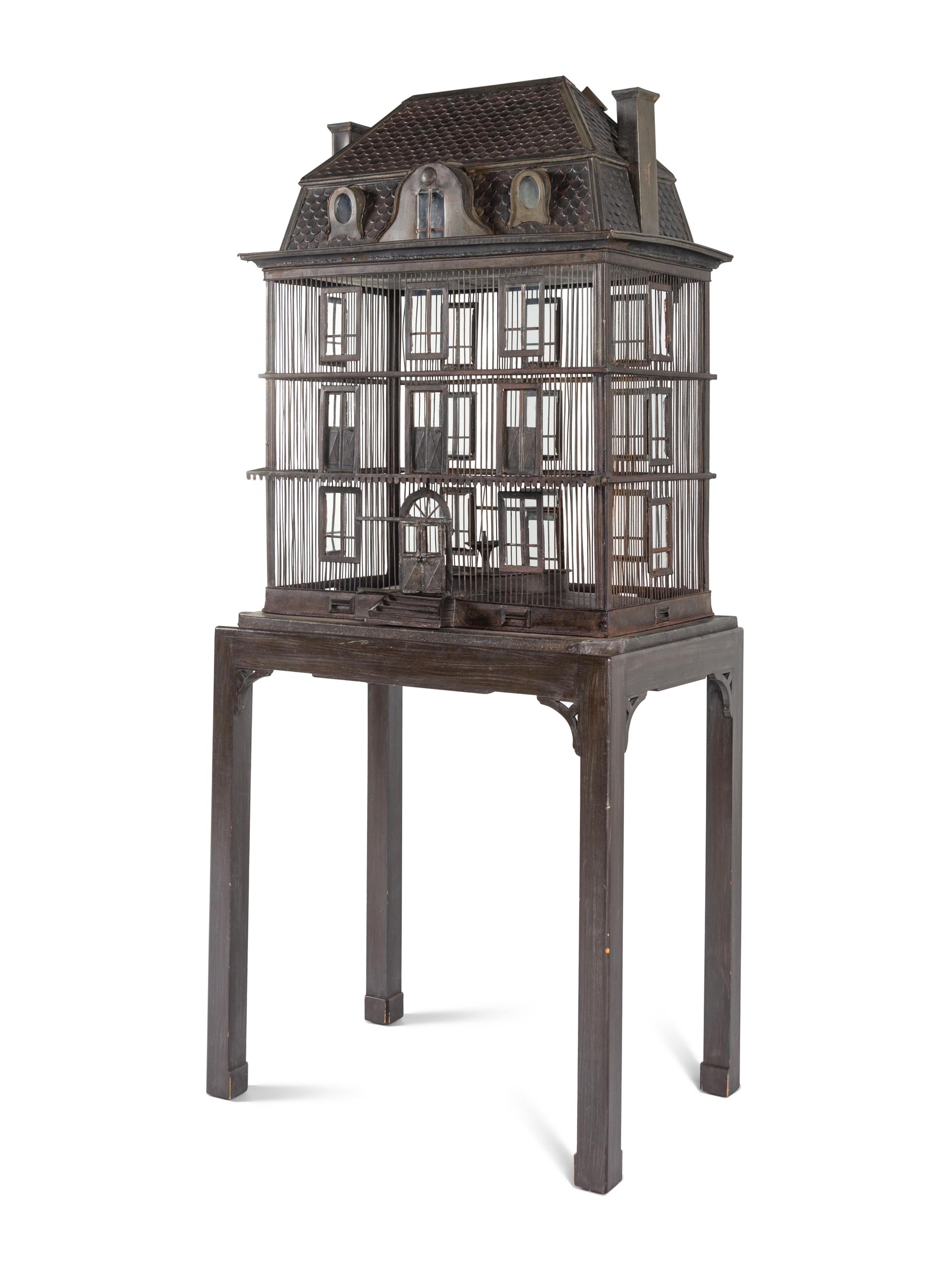 A Large French Grey-Painted Metal Chateau-Form Birdcage