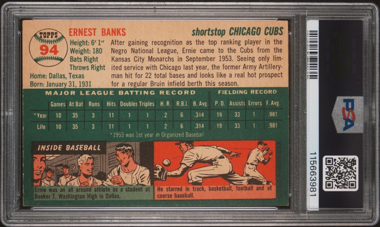 A 1954 Topps Ernie Banks Rookie Baseball Card No. 94 (PSA 6 EX-MT MC) from The Collection of David Eisenhower