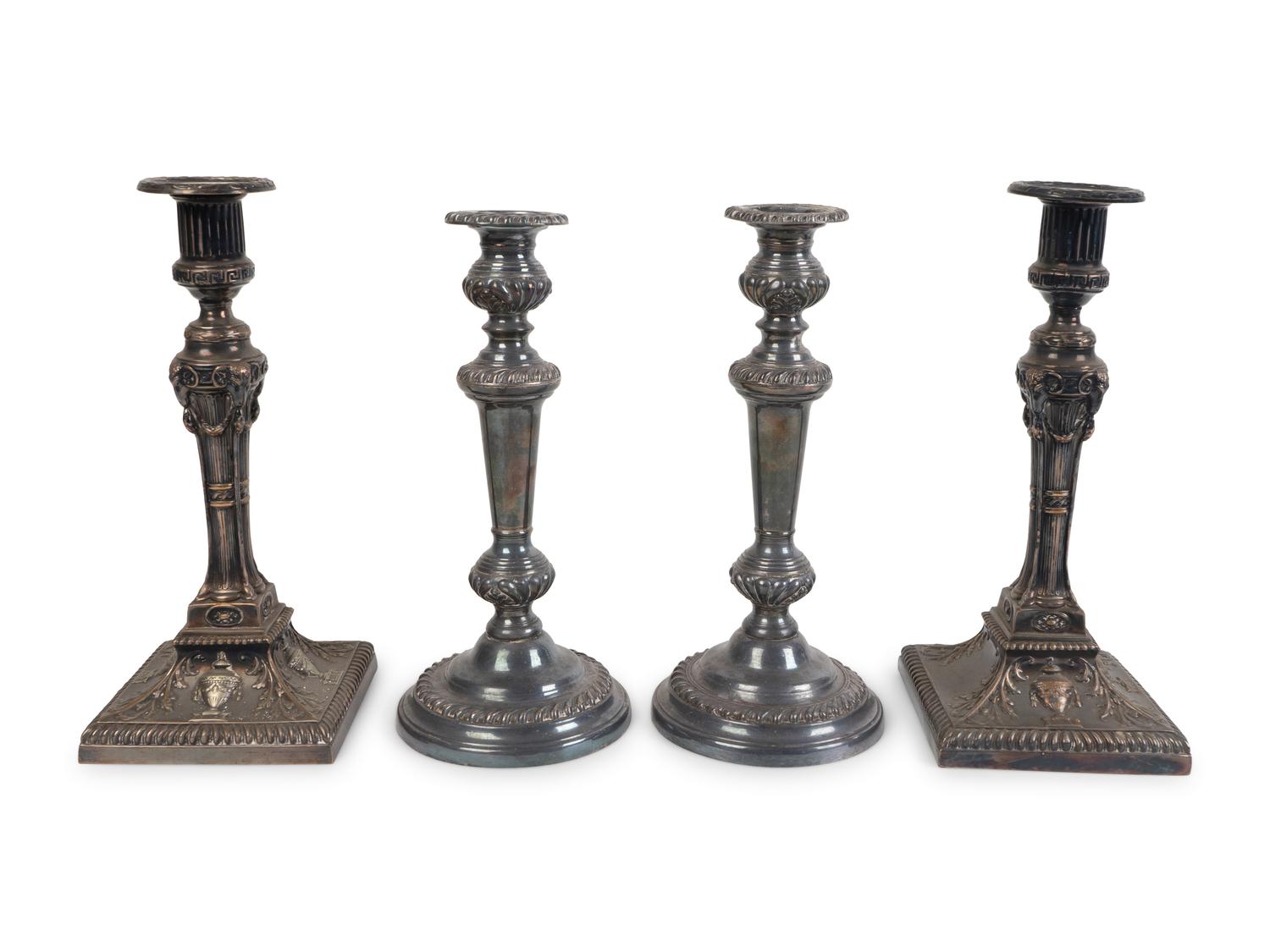 Two Pairs of English Silverplate Candlesticks