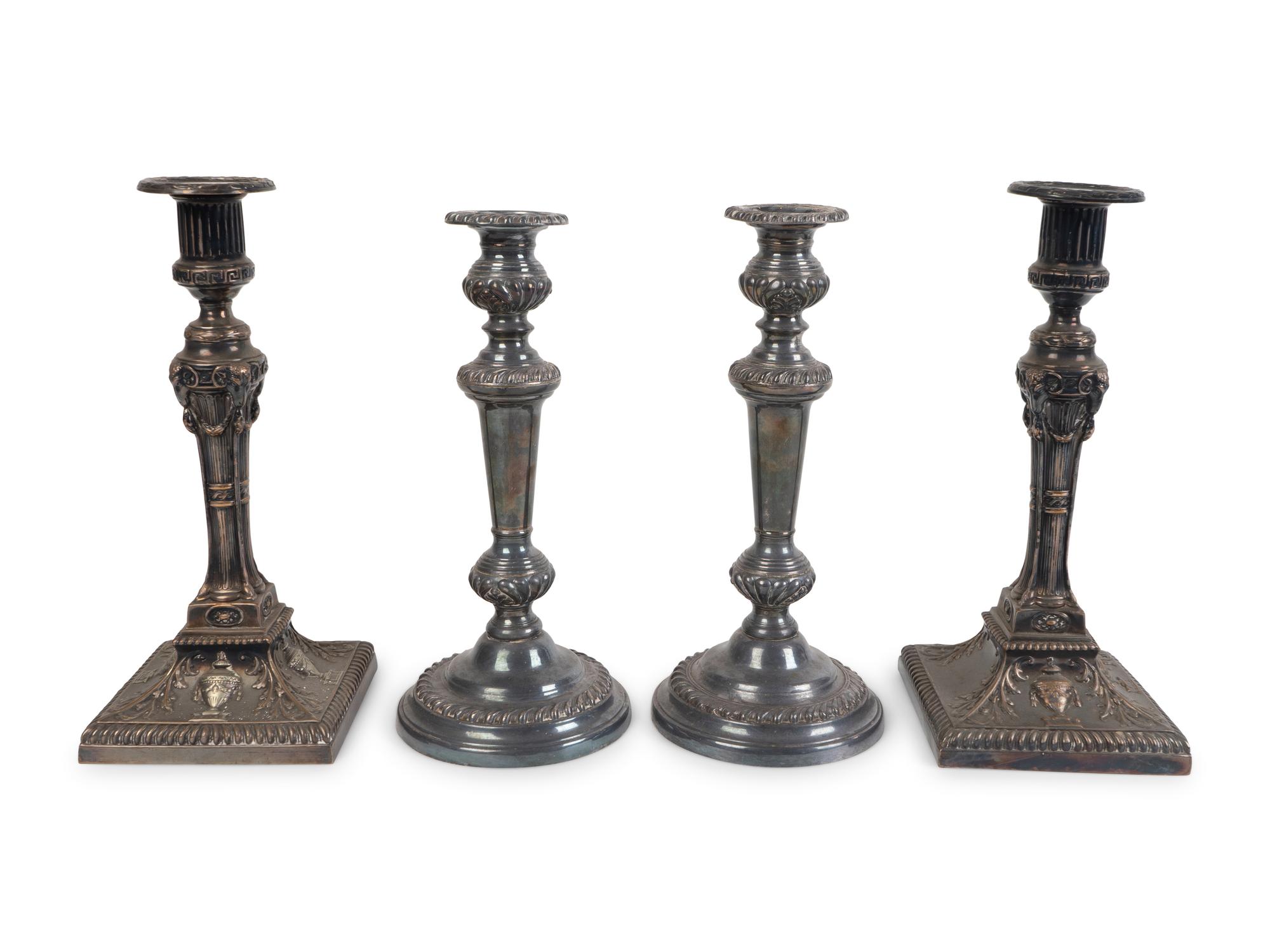 Two Pairs of English Silverplate Candlesticks