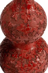 A Pair of Chinese Red Lacquer Double Gourd-Form Vases and Covers