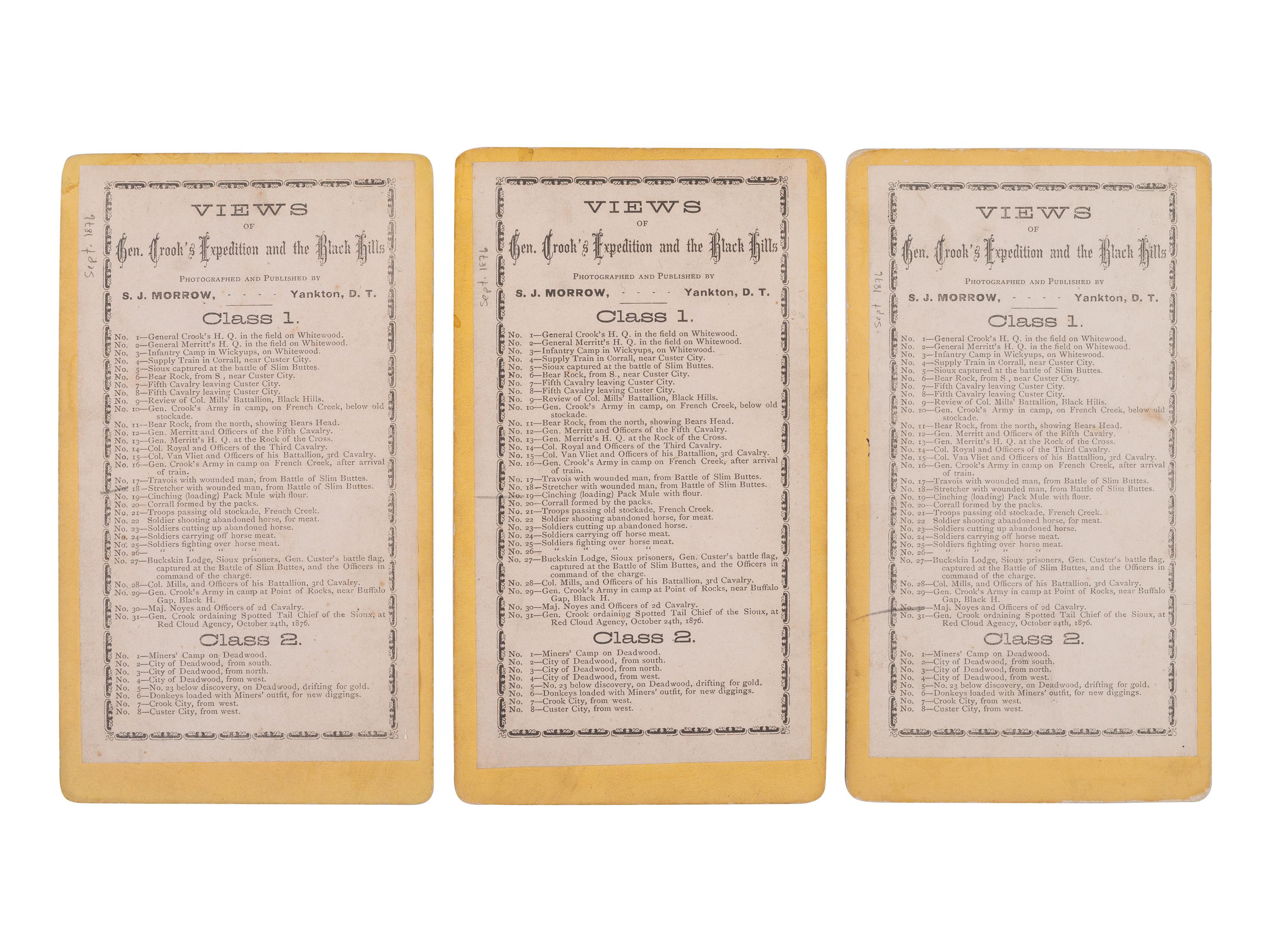 MORROW, Stanley J. (1843-1921), photographer. A group of 19 stereoviews from General Crook's Expedition and the Black Hills series, incl. reenactment of the 1876 "Starvation March."
