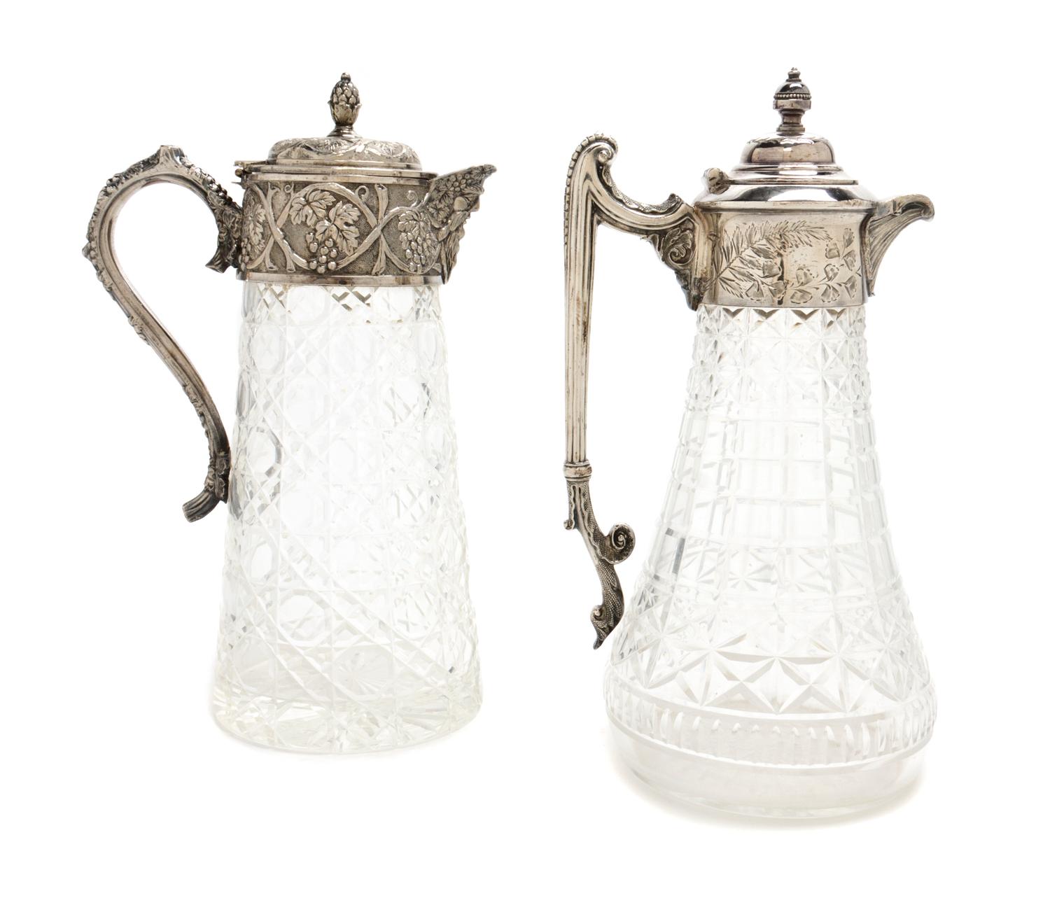 Two Victorian Cut Glass and Silver-Plate Mounted Ewers, Height of taller 11 inches.