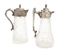 Two Victorian Cut Glass and Silver-Plate Mounted Ewers, Height of taller 11 inches.