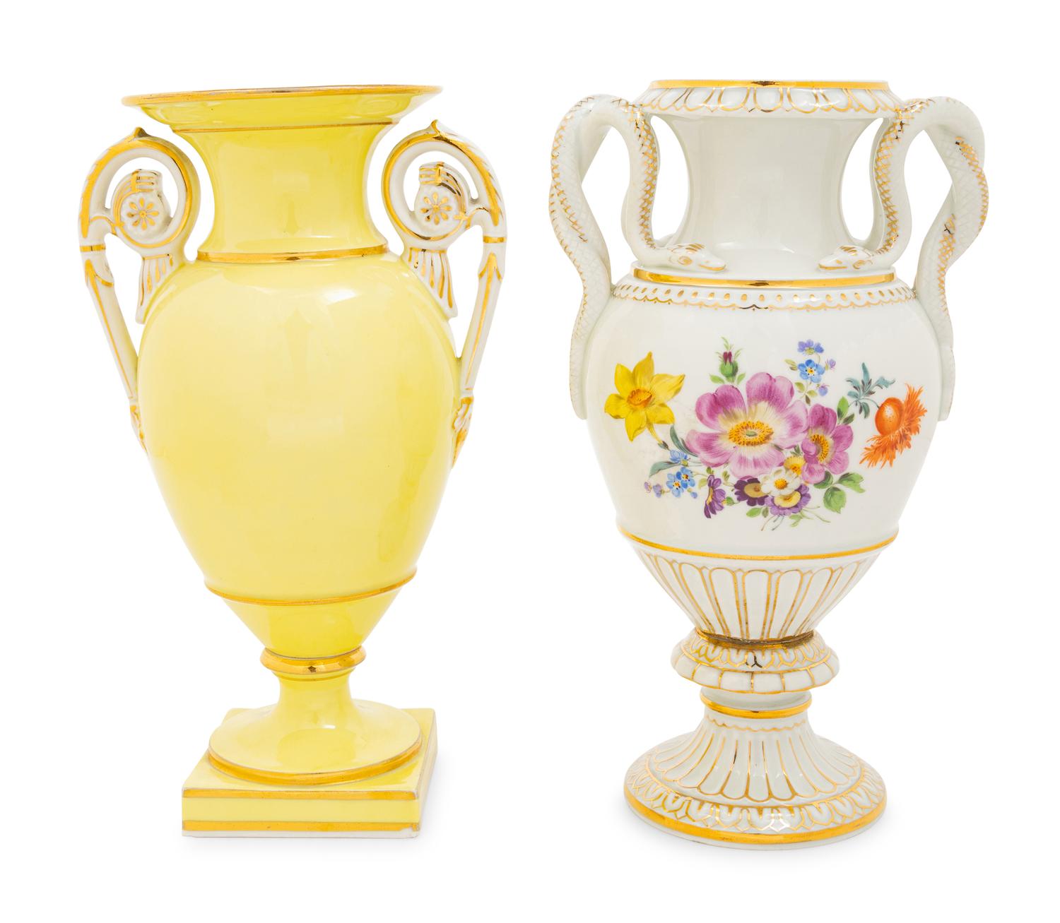 Two Meissen Porcelain Handled Vases