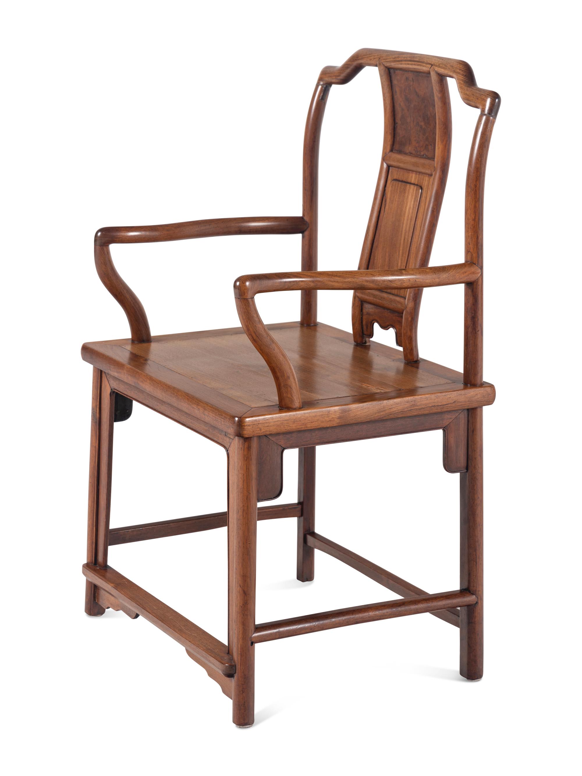 A Pair of Chinese Huanghuali and Burlwood Continuous Yoke Back Armchairs, Nanguanmaoyi