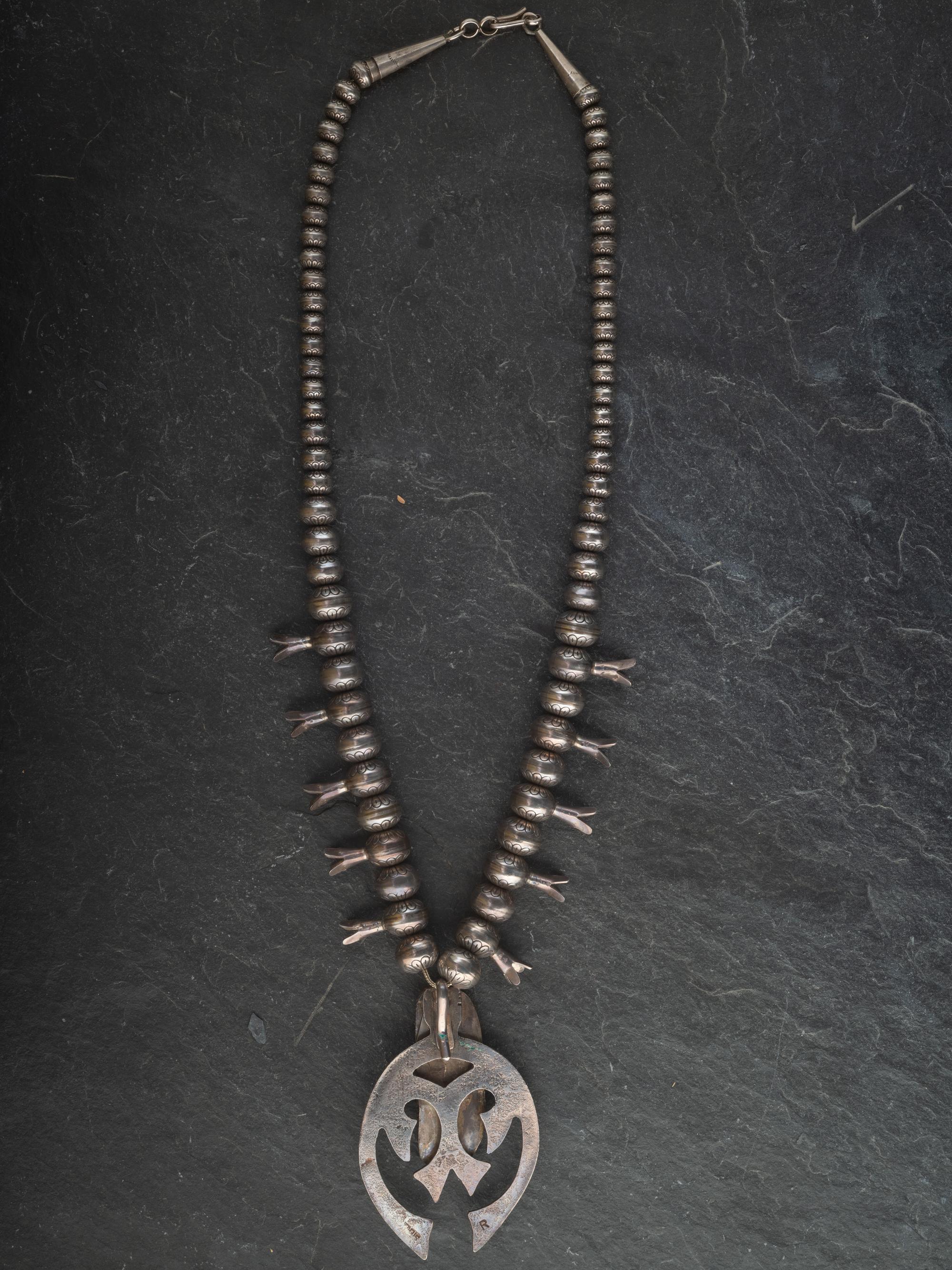 Navajo Sterling Silver and Turquoise Squash Blossom Necklace