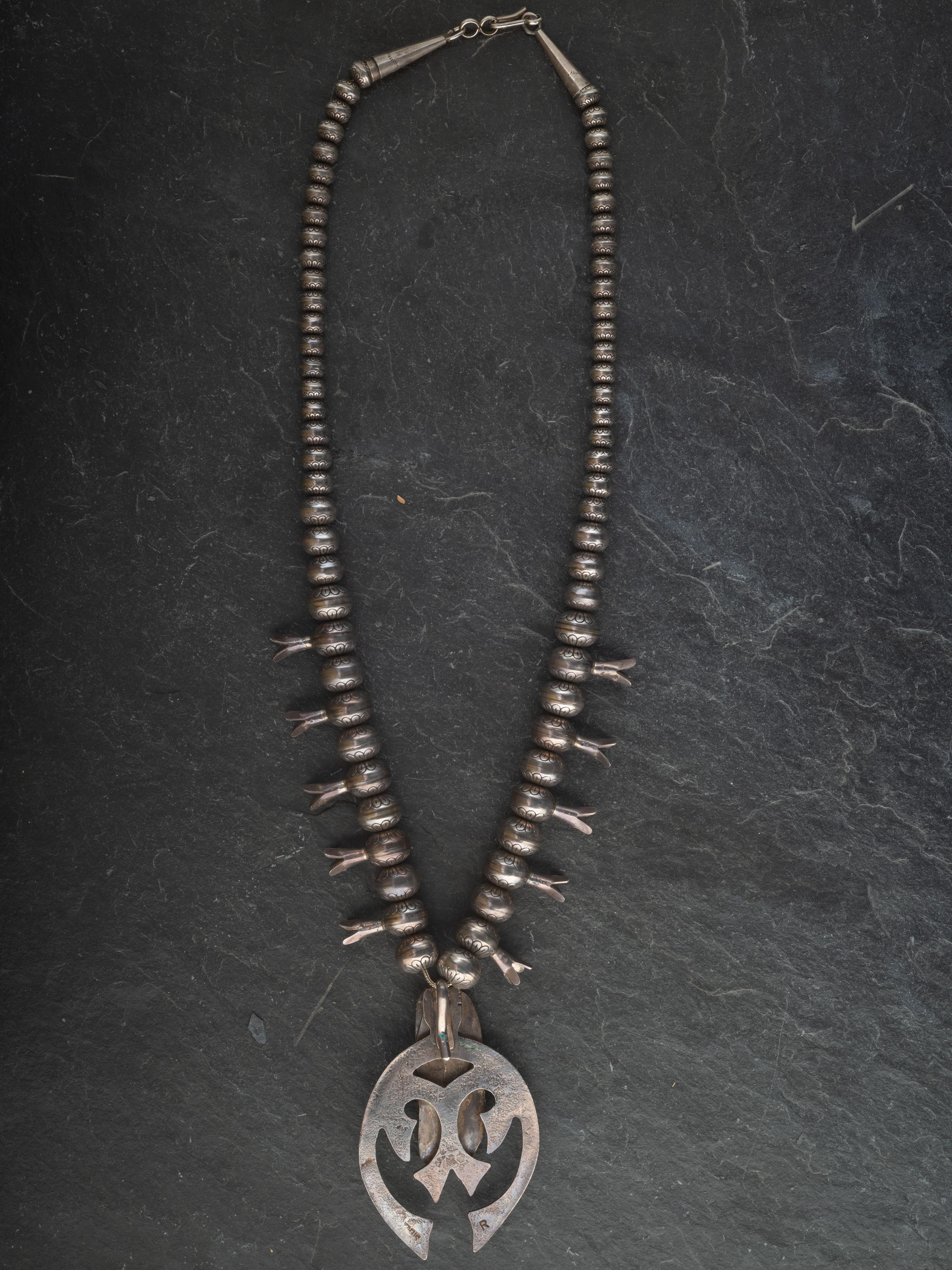 Navajo Sterling Silver and Turquoise Squash Blossom Necklace