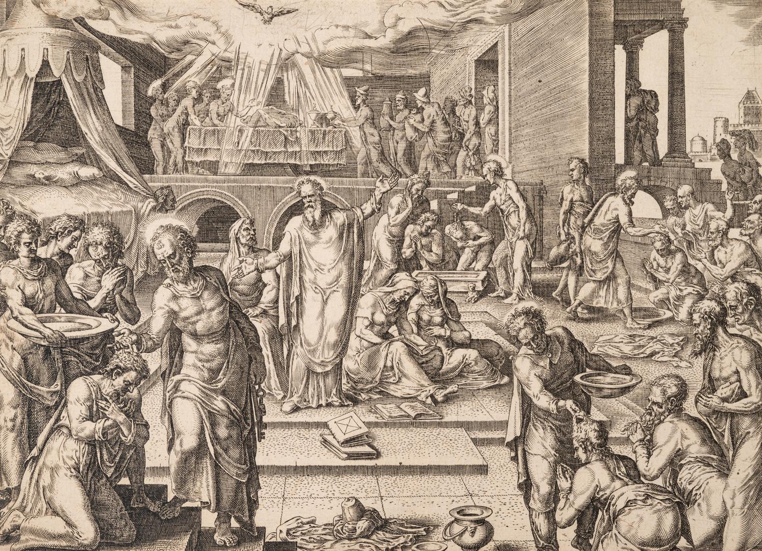 A group of five prints ( Descent from the Cross; The Raising of Tabitha, c. 1550; Untitled (A Saint's Blessing); Untitled (Benediction); Untitled (Saint in a Crowd), c. 1540)