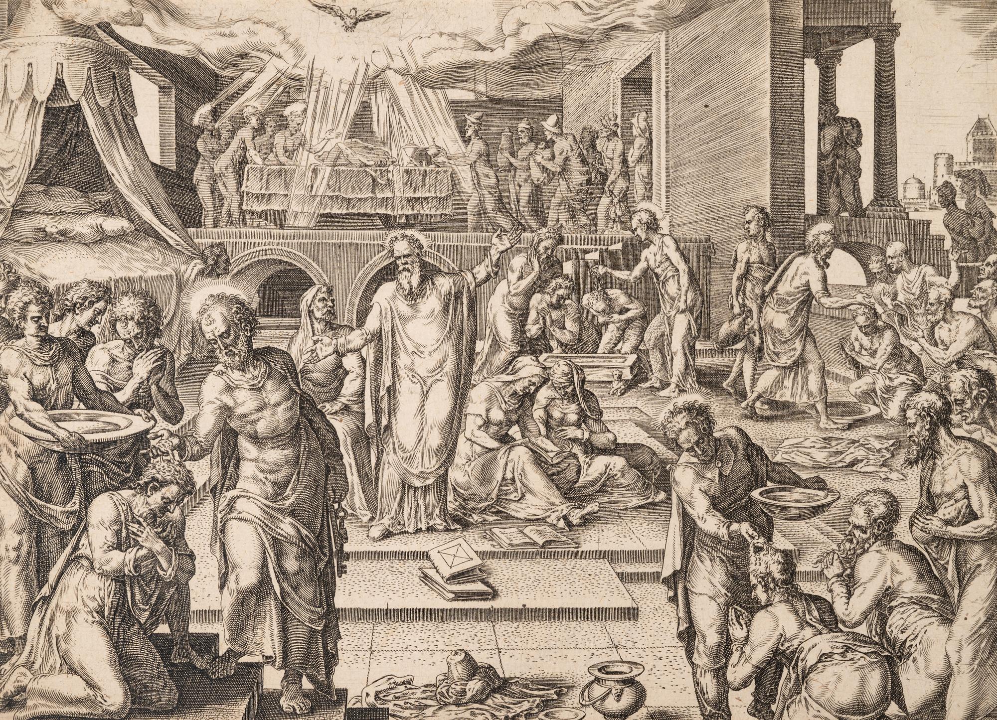 A group of five prints ( Descent from the Cross; The Raising of Tabitha, c. 1550; Untitled (A Saint's Blessing); Untitled (Benediction); Untitled (Saint in a Crowd), c. 1540)