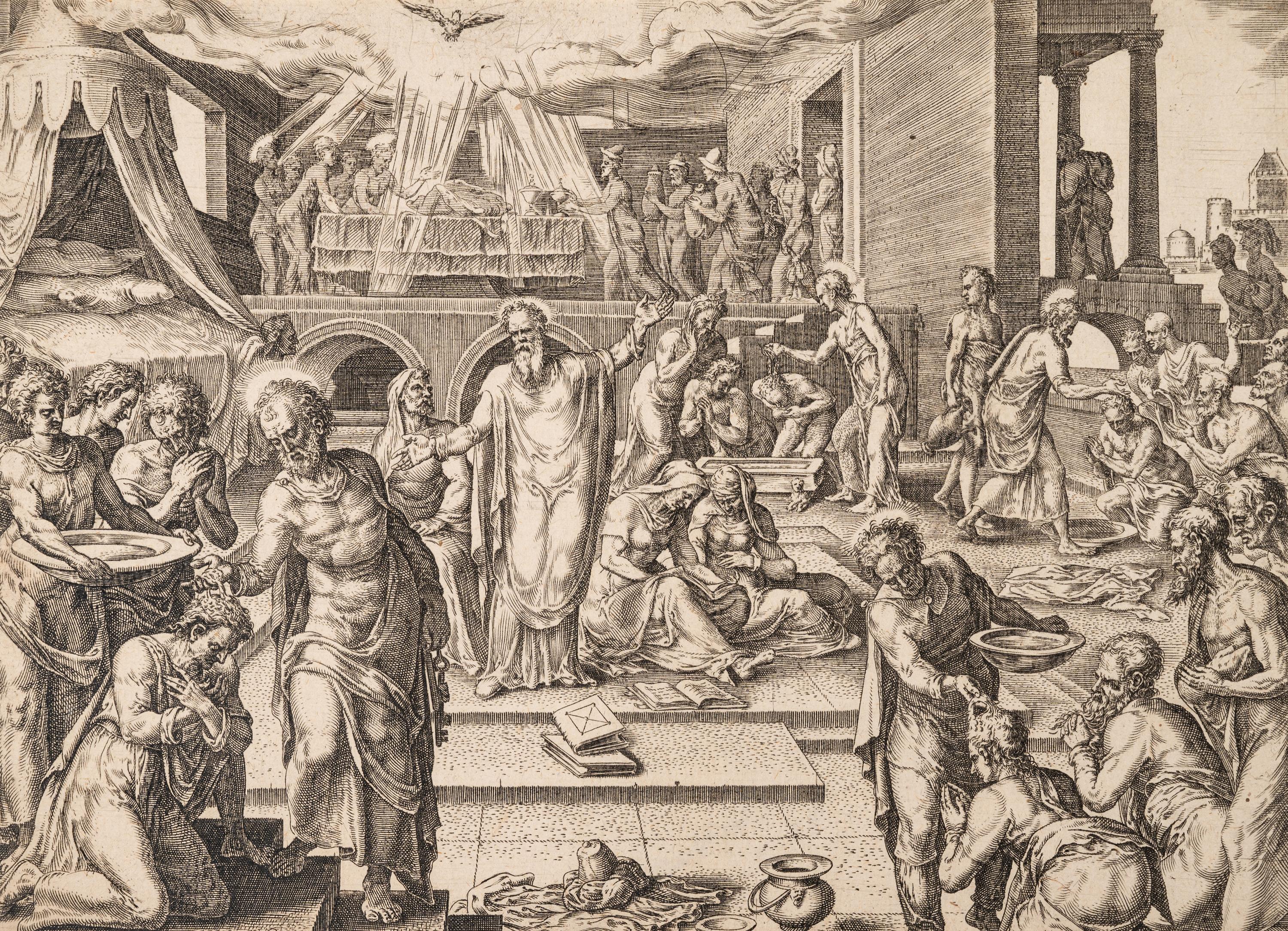 A group of five prints ( Descent from the Cross; The Raising of Tabitha, c. 1550; Untitled (A Saint's Blessing); Untitled (Benediction); Untitled (Saint in a Crowd), c. 1540)