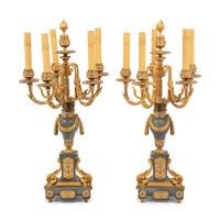 A Pair of Napoleon III Style Gilt Bronze, Marble and Champlevé Five-Light Candelabra