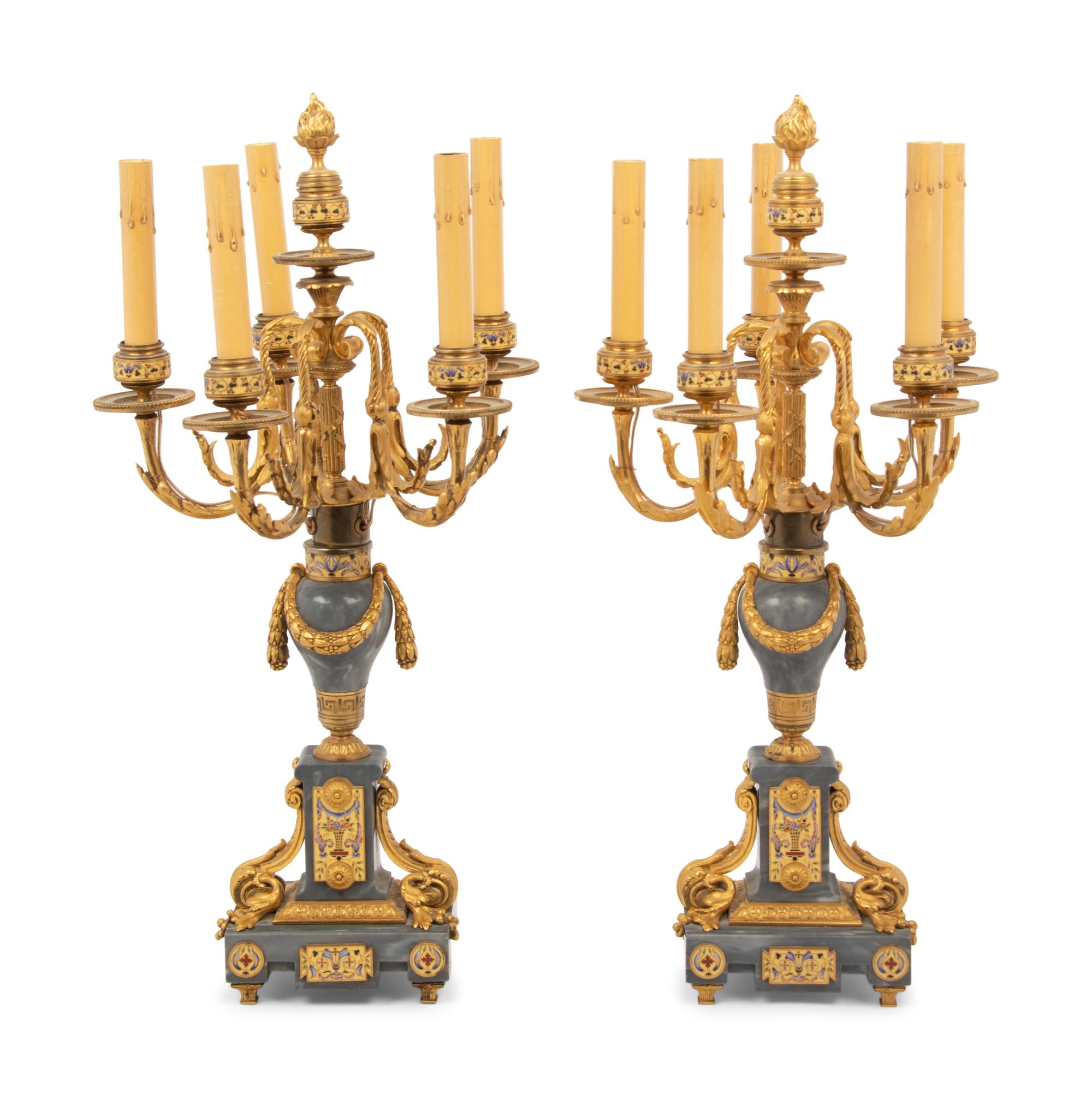 A Pair of Napoleon III Style Gilt Bronze, Marble and Champlevé Five-Light Candelabra