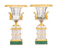 A Pair of French Gilt Bronze Mounted Cut Glass and Malachite Vases