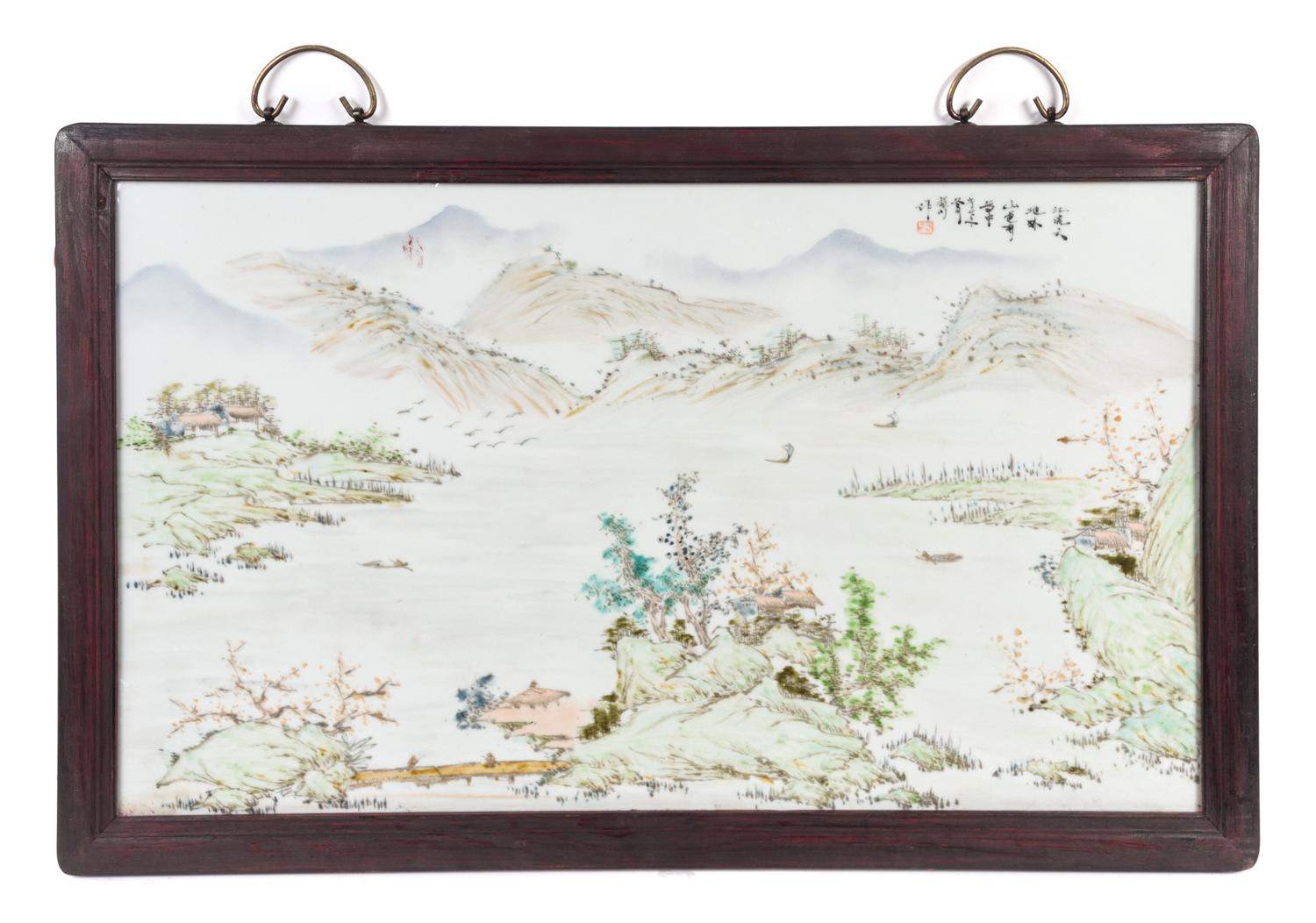 A Set of Four Chinese Porcelain Plaques Height 16 1/2 x width 29 inches.