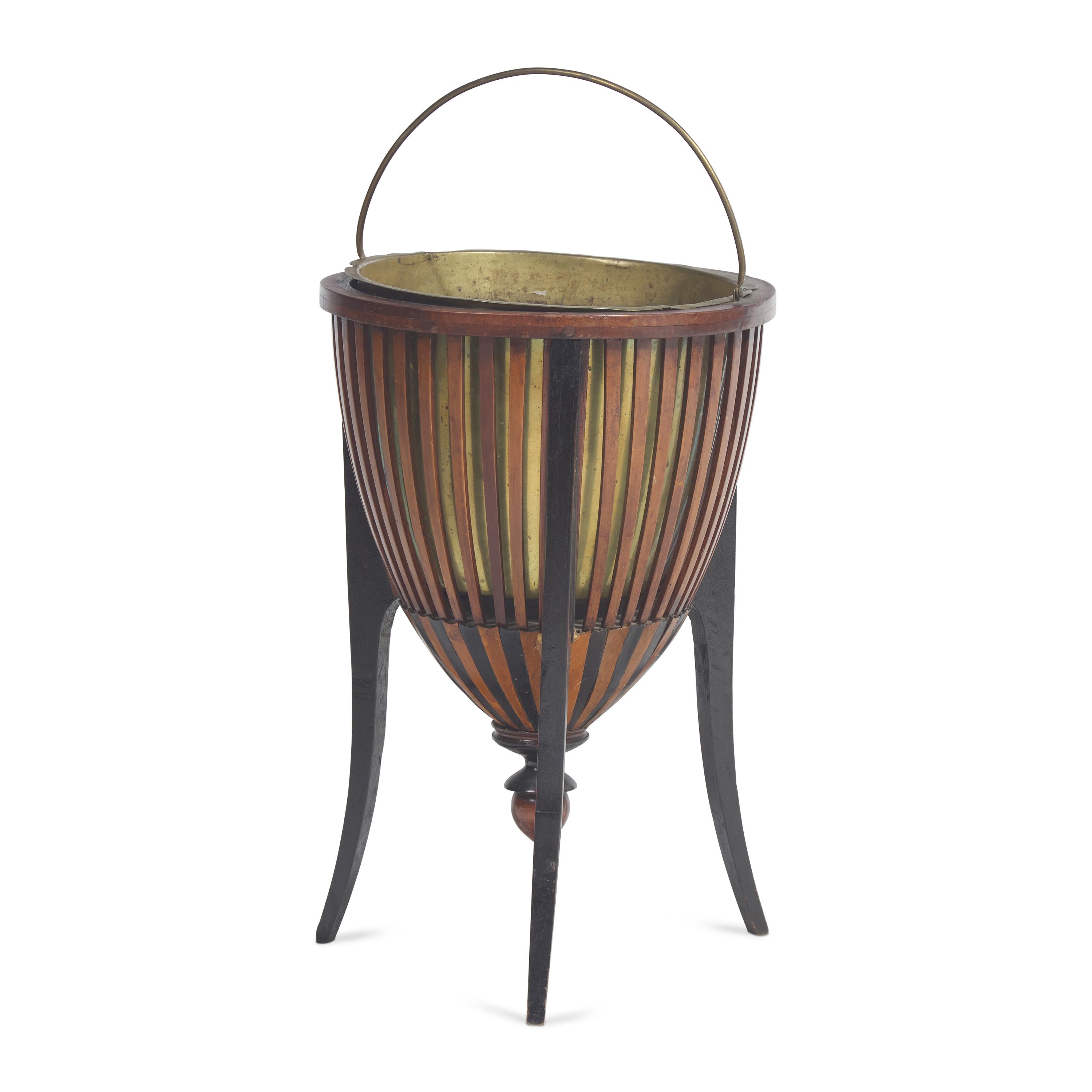 A Regency Inlaid, Parcel-Ebonized and Brass-Lined Mahogany and Satinwood Jardiniere
