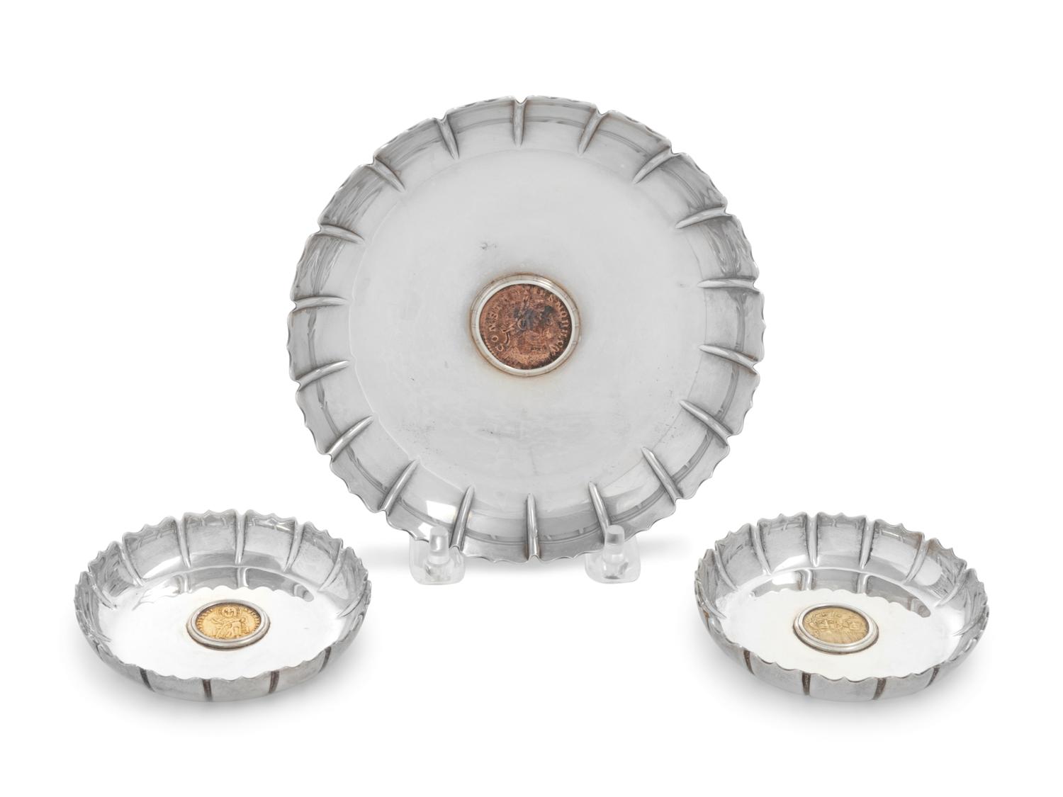 Three Bulgari Silver and Ancient Coin-Inset Dishes