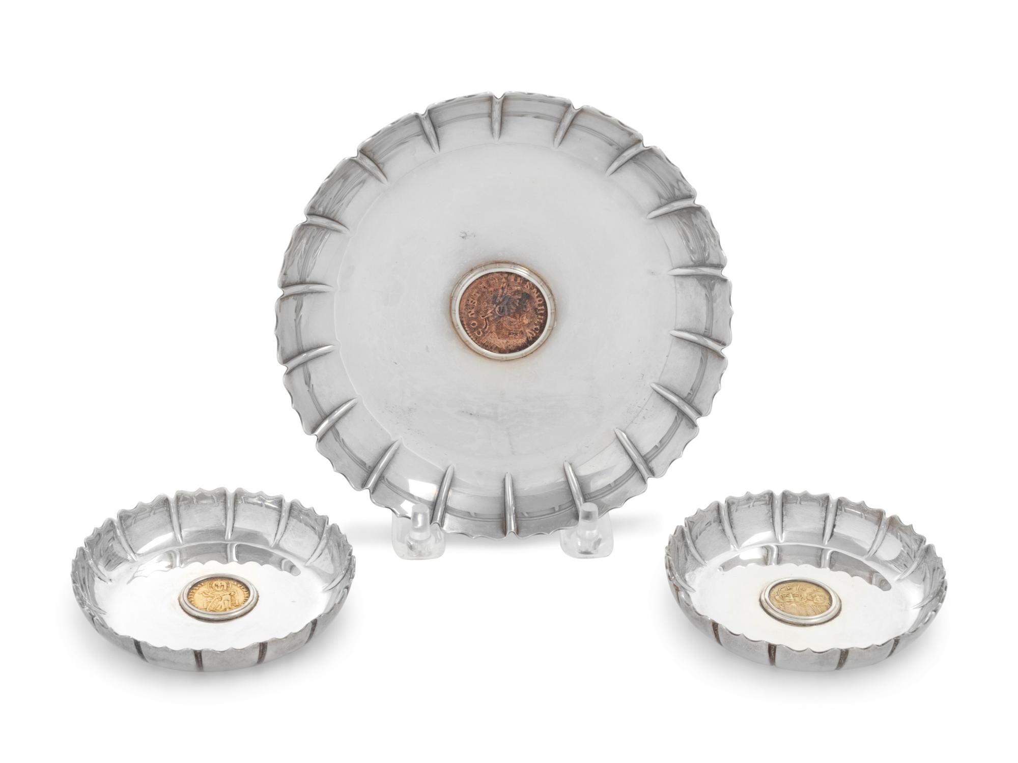 Three Bulgari Silver and Ancient Coin-Inset Dishes