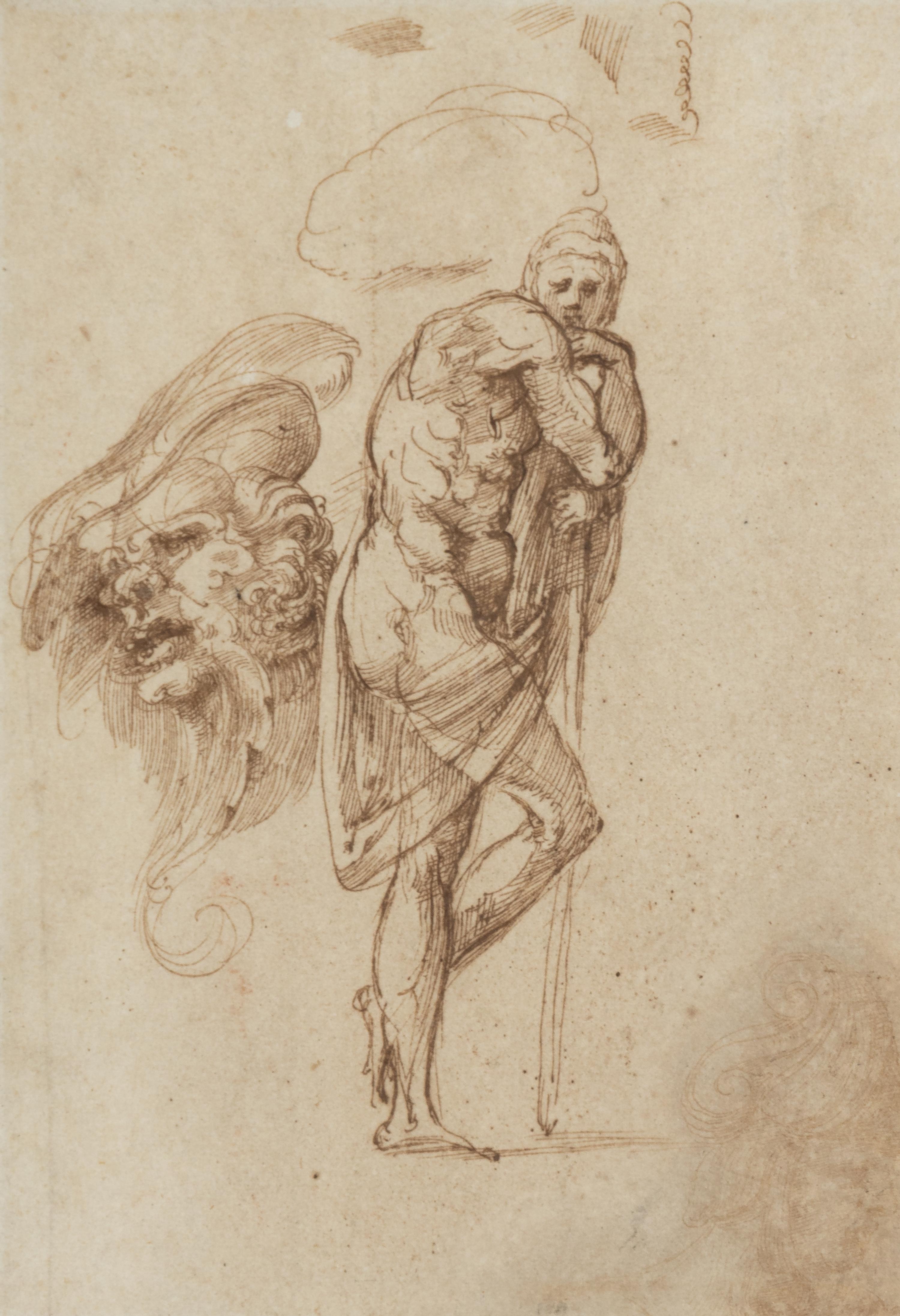 Studies of a Man Leaning on a Staff and of a Grotesque Head