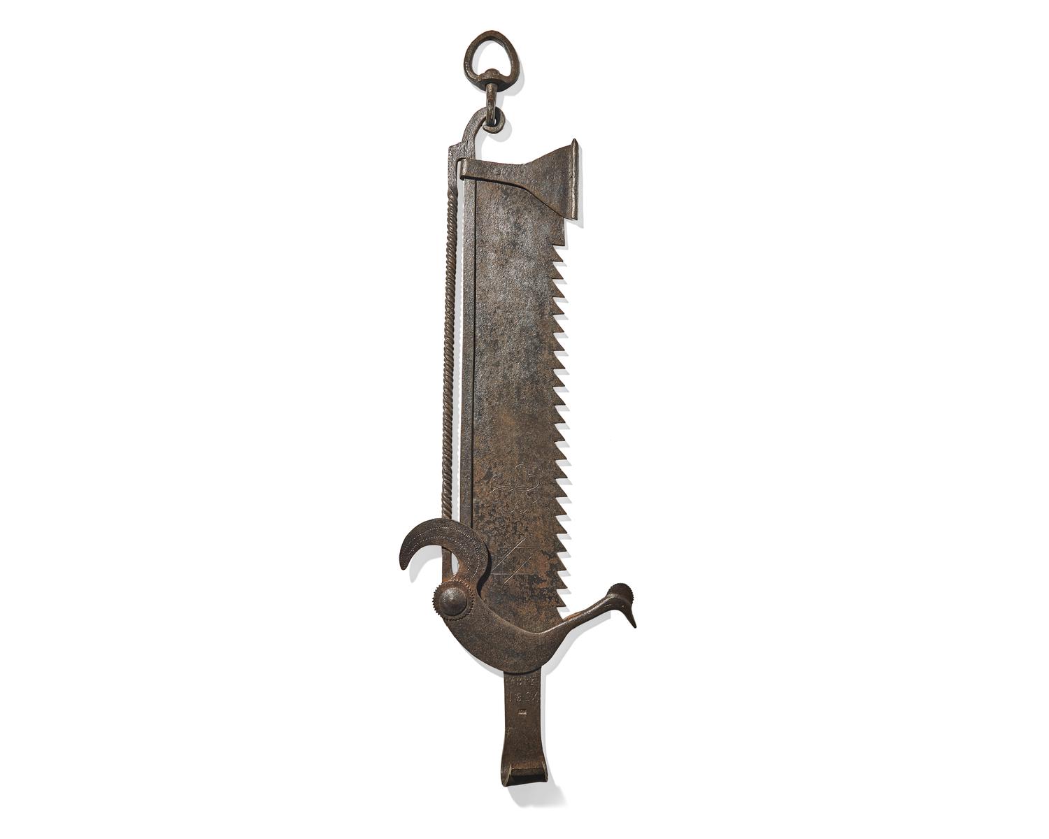 A Wrought Iron Fireplace Trammel, French, Dated "1834"