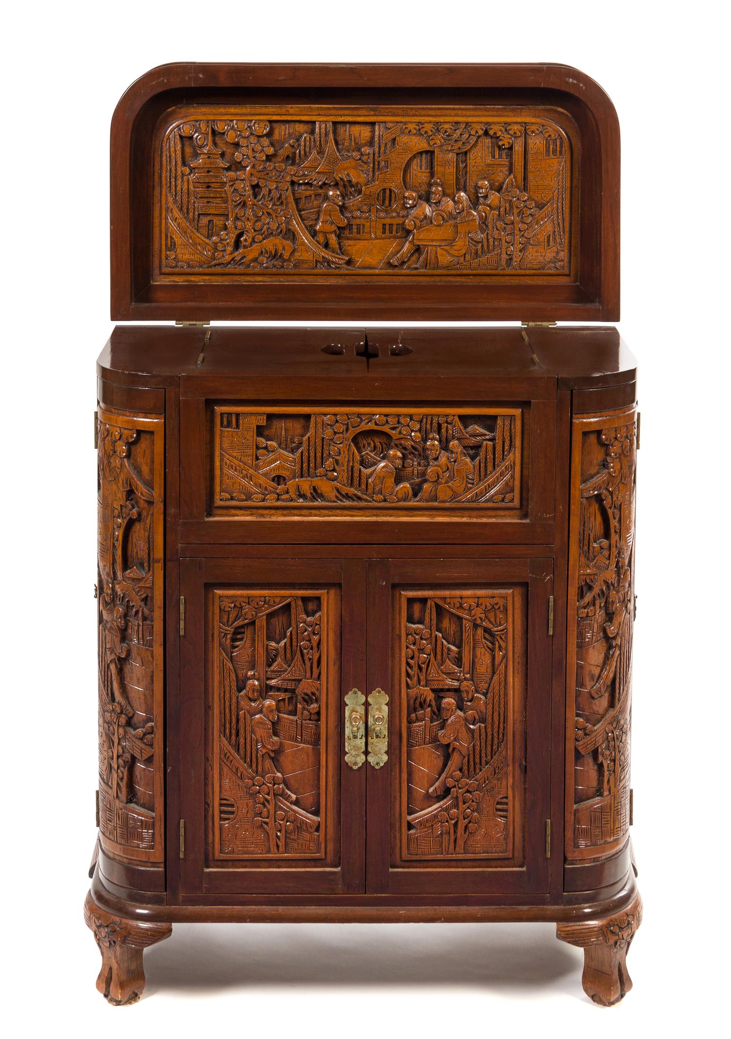 A Chinese Carved Mahogany Side Cabinet Height 36 1/2 x width 30 x depth 15 inches. — LATE 20TH CENTURY