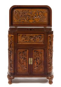 A Chinese Carved Mahogany Side Cabinet Height 36 1/2 x width 30 x depth 15 inches. — LATE 20TH CENTURY