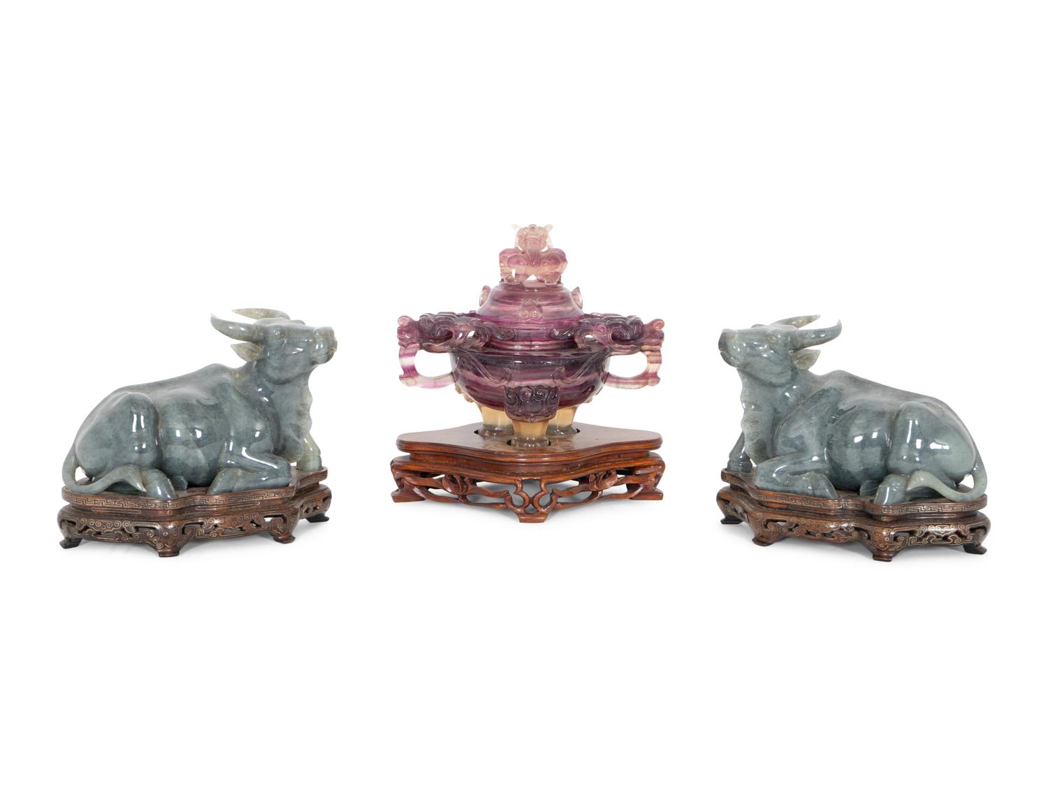 A Trio of Chinese Carved Hardstone Figures on Stands