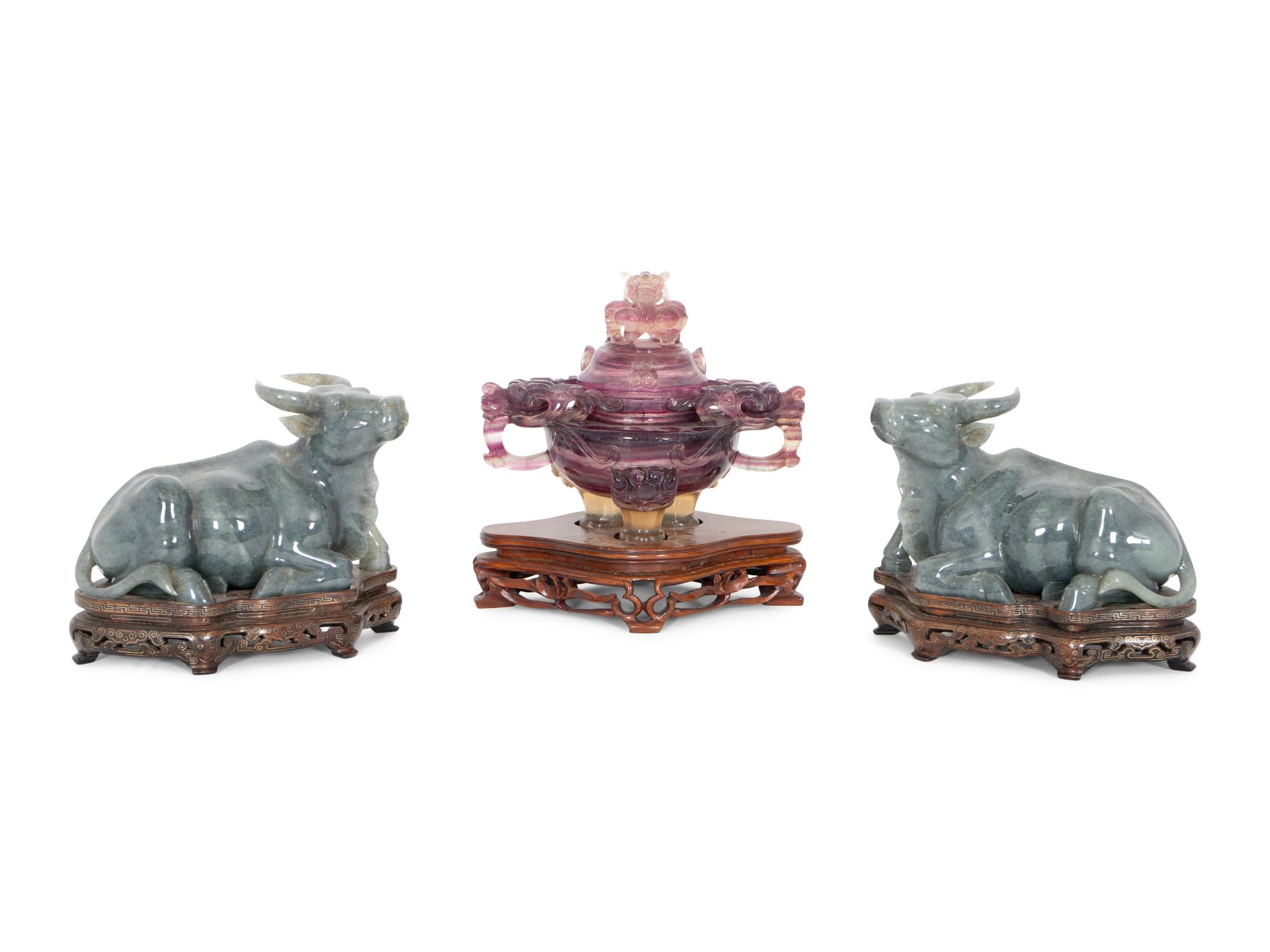 A Trio of Chinese Carved Hardstone Figures on Stands