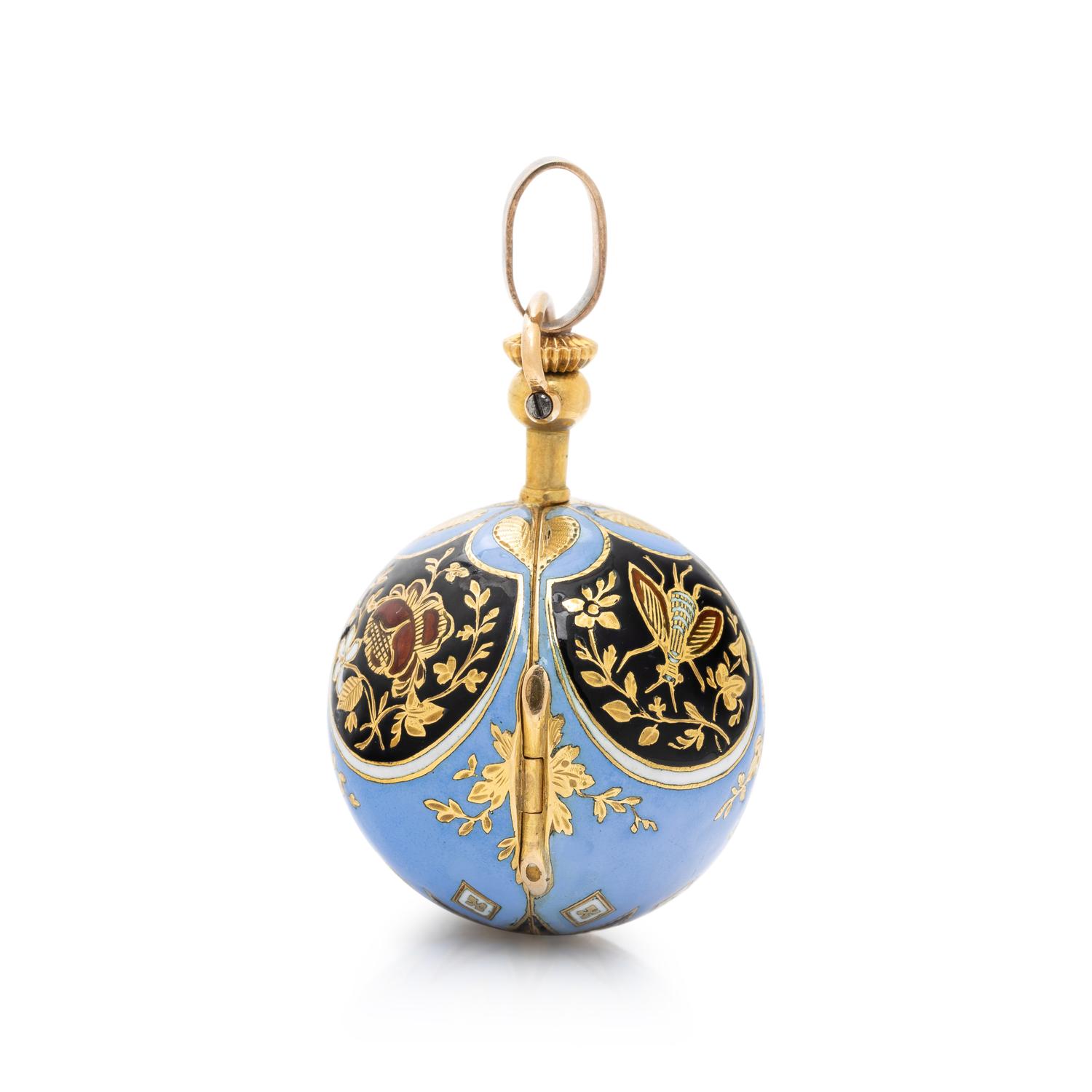 ANTIQUE, ENAMEL AND YELLOW GOLD PENDANT BALL WATCH